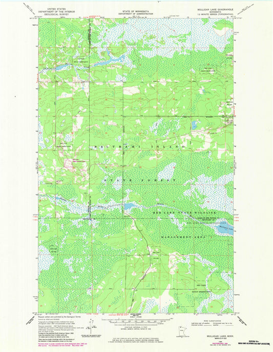 Classic USGS Mulligan Lake Minnesota 7.5'x7.5' Topo Map Image