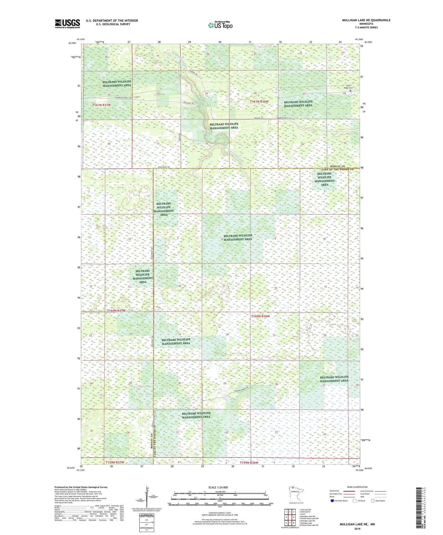 Mulligan Lake NE Minnesota US Topo Map Image
