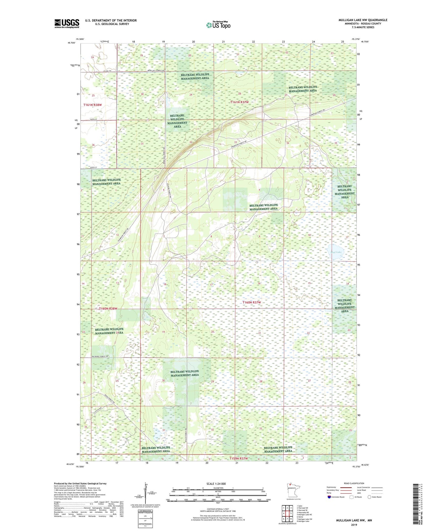 Mulligan Lake NW Minnesota US Topo Map Image