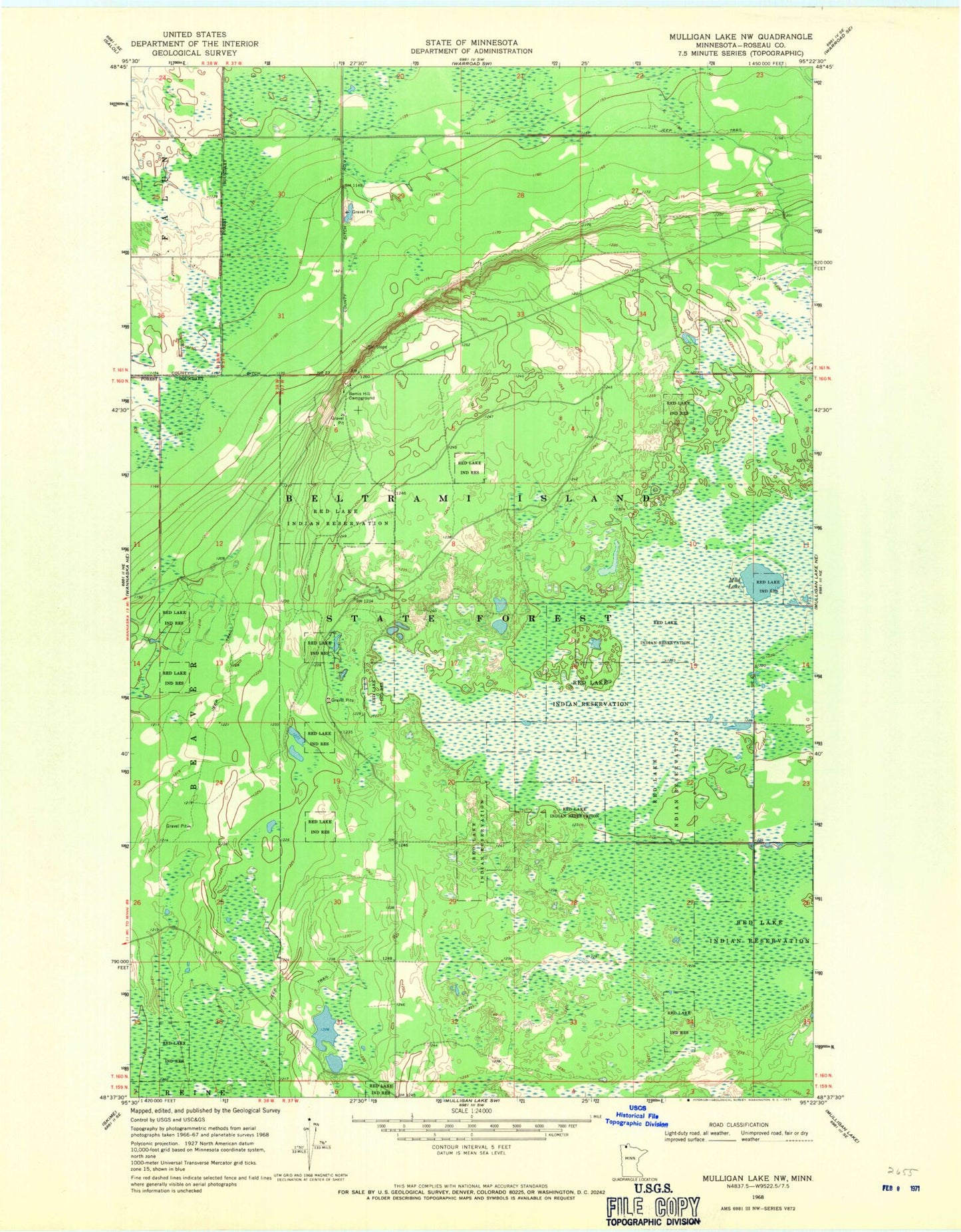 Classic USGS Mulligan Lake NW Minnesota 7.5'x7.5' Topo Map Image