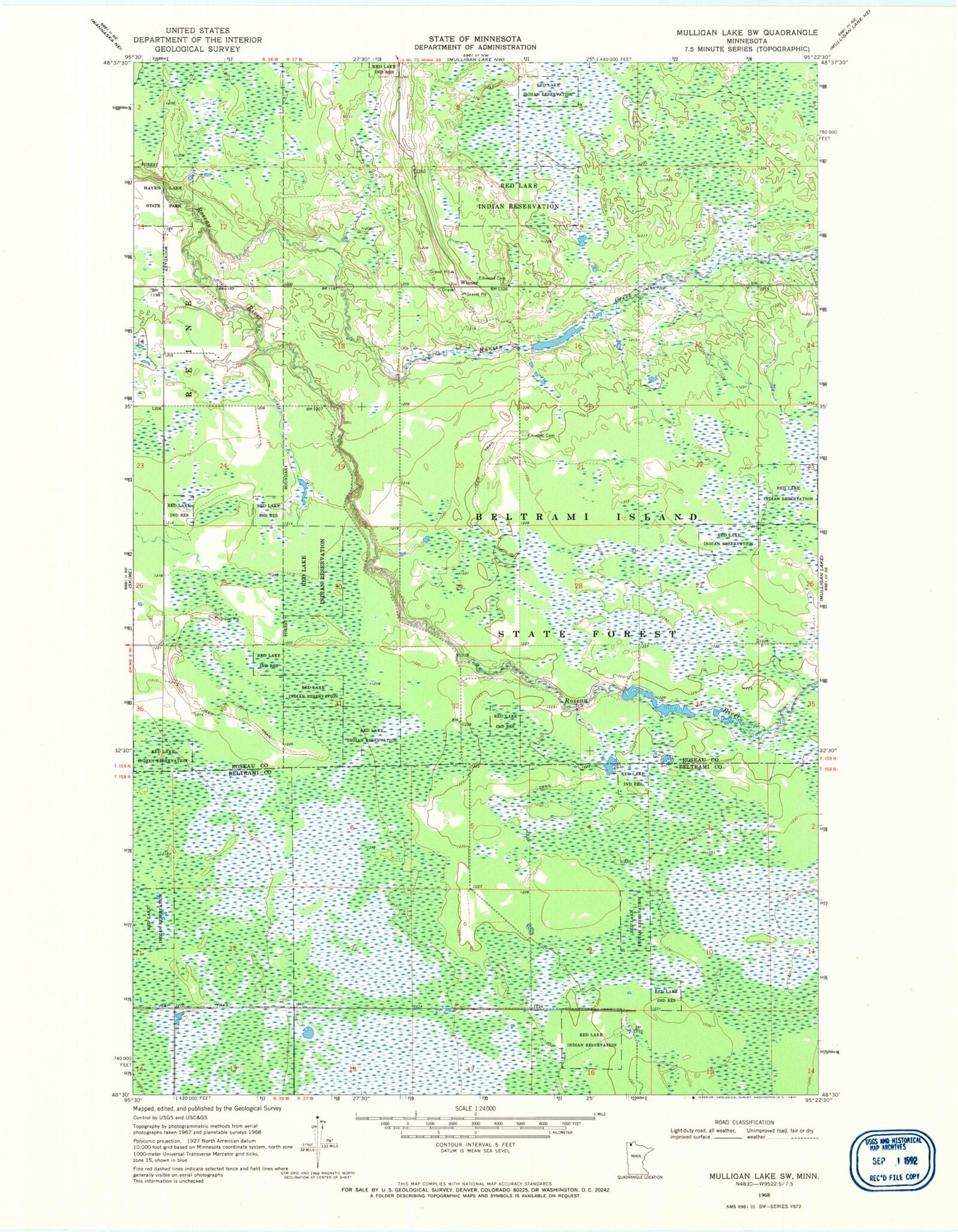 Classic USGS Mulligan Lake SW Minnesota 7.5'x7.5' Topo Map Image
