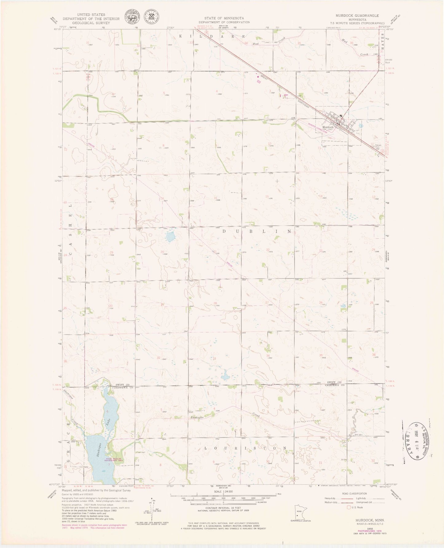 Classic USGS Murdock Minnesota 7.5'x7.5' Topo Map Image