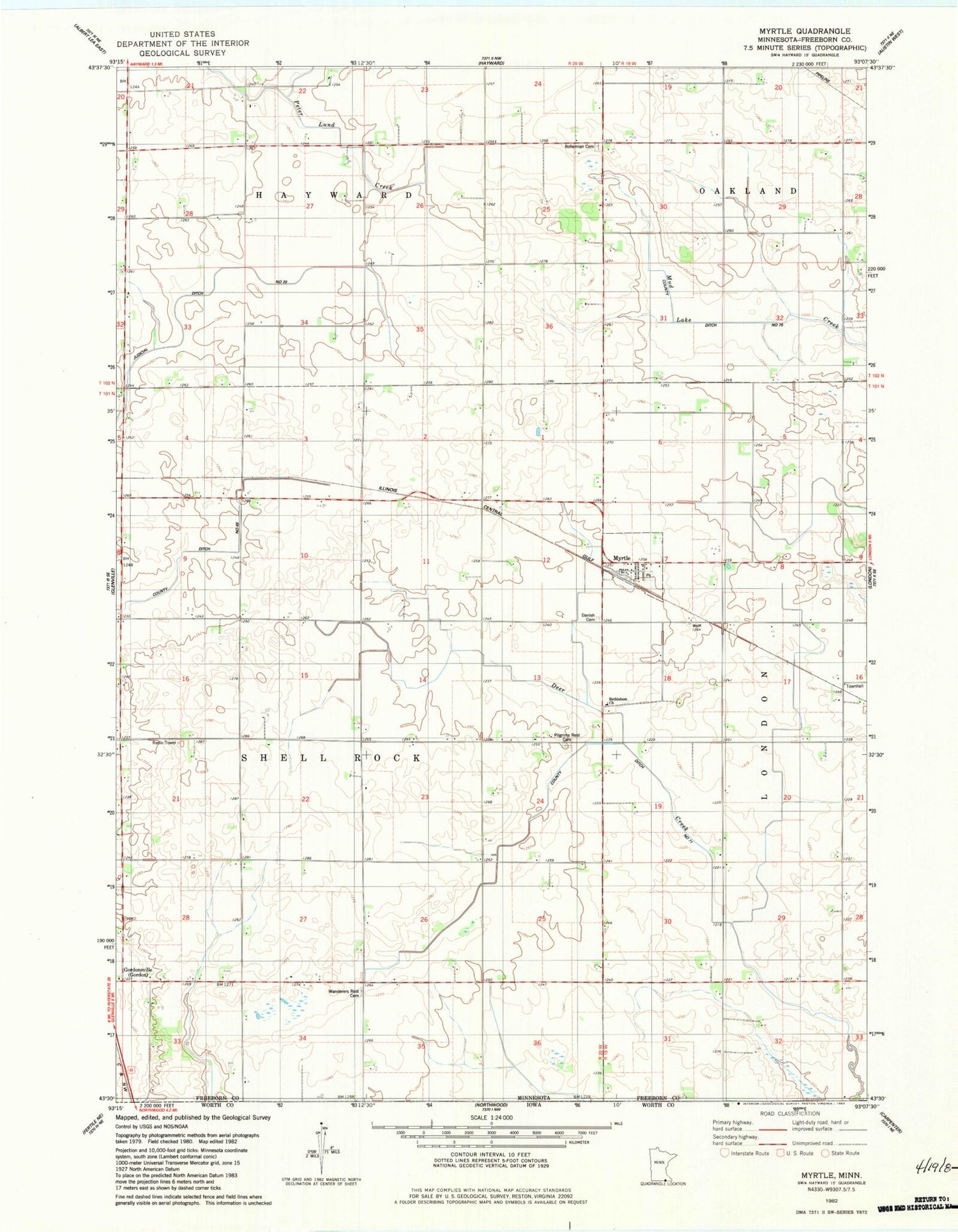Classic USGS Myrtle Minnesota 7.5'x7.5' Topo Map Image