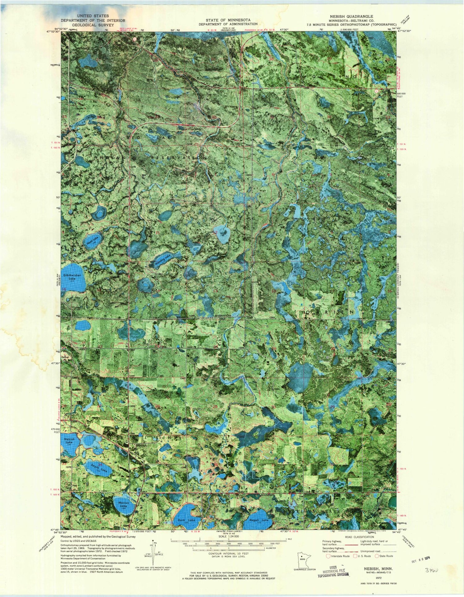 Classic USGS Nebish Minnesota 7.5'x7.5' Topo Map Image