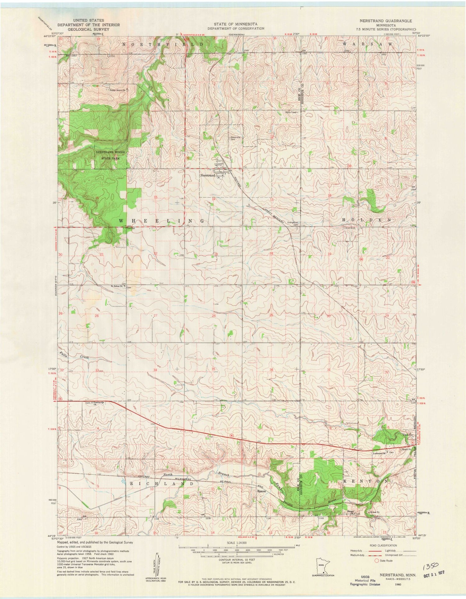Classic USGS Nerstrand Minnesota 7.5'x7.5' Topo Map Image