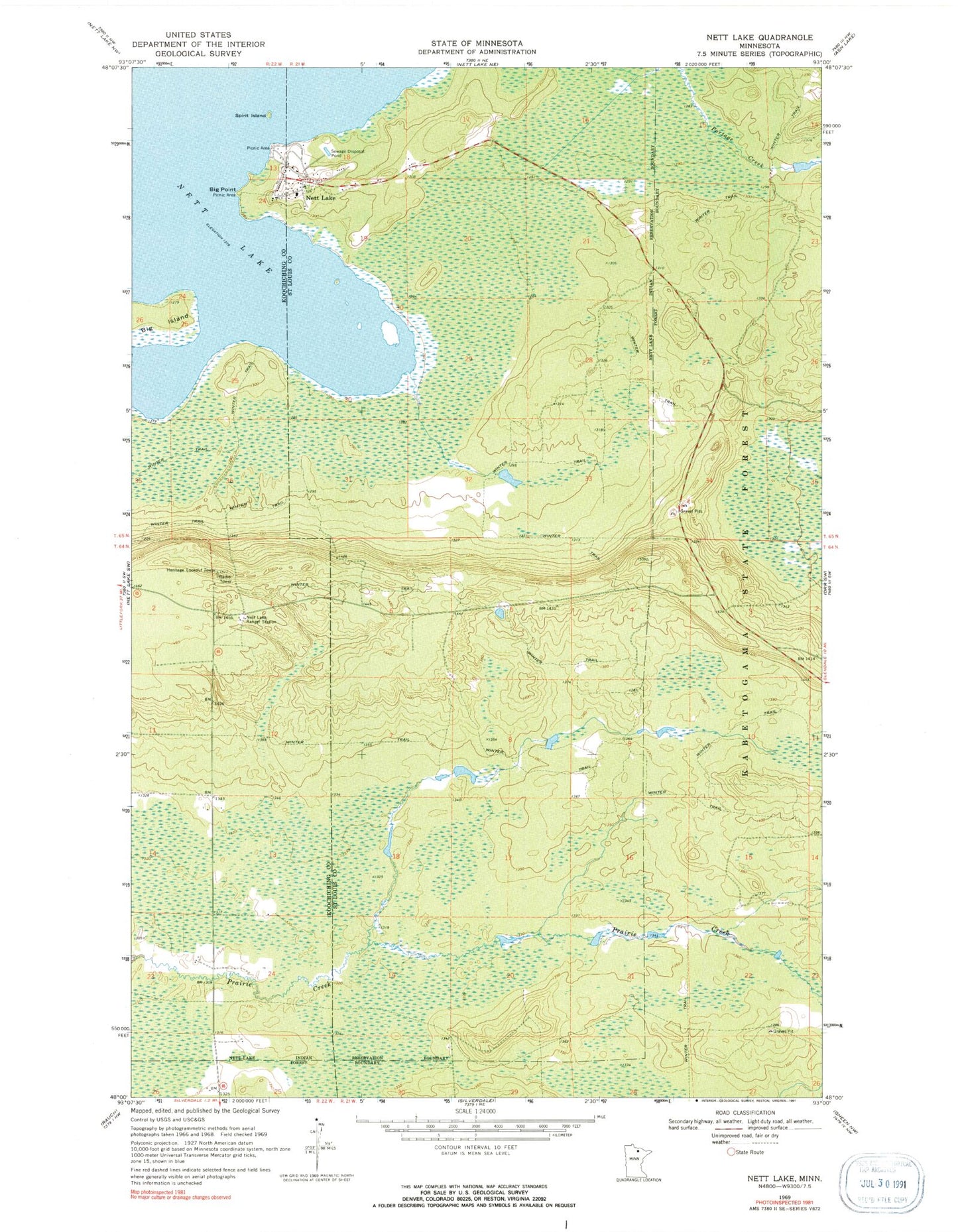 Classic USGS Nett Lake Minnesota 7.5'x7.5' Topo Map Image