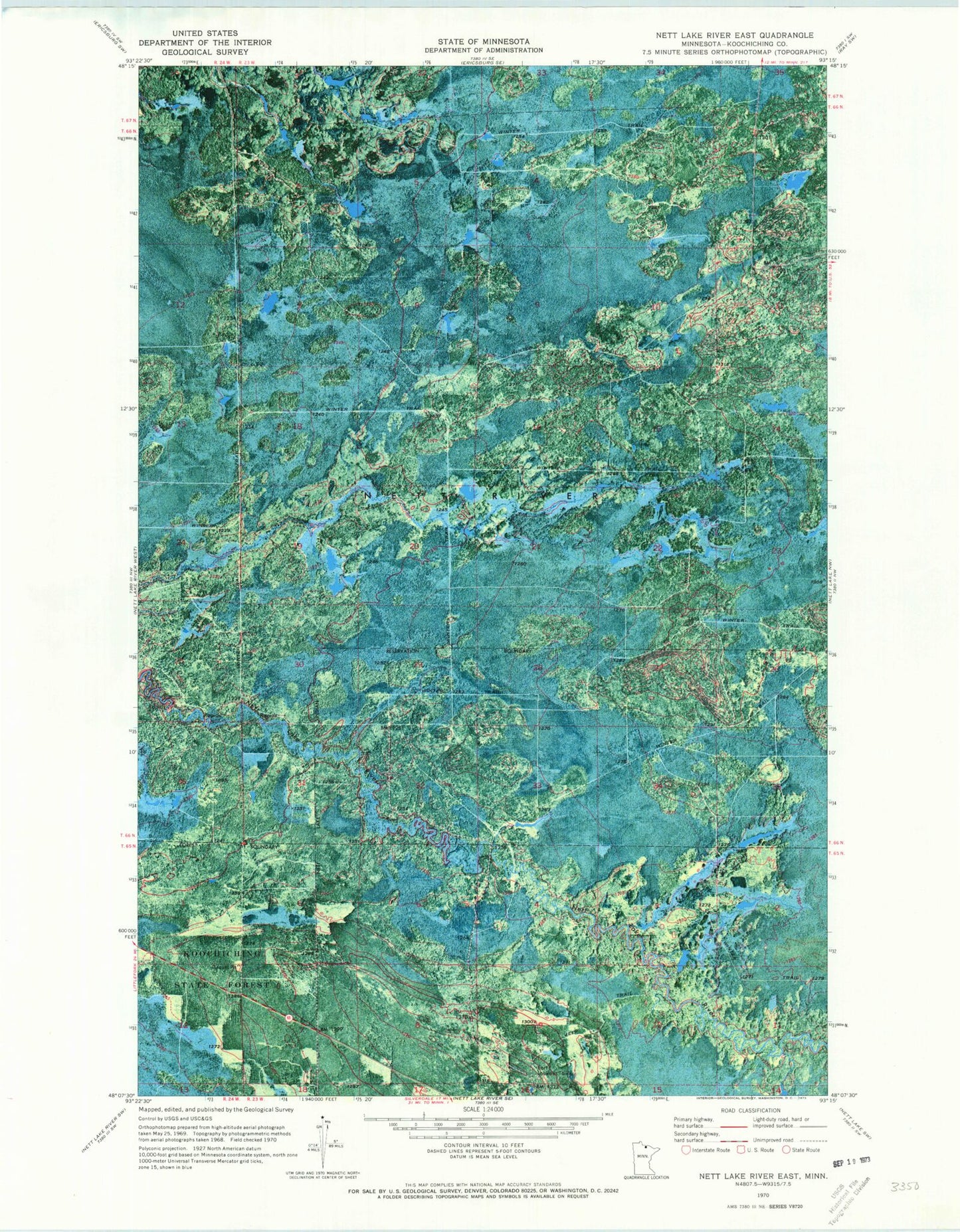 Classic USGS Nett Lake River East Minnesota 7.5'x7.5' Topo Map Image