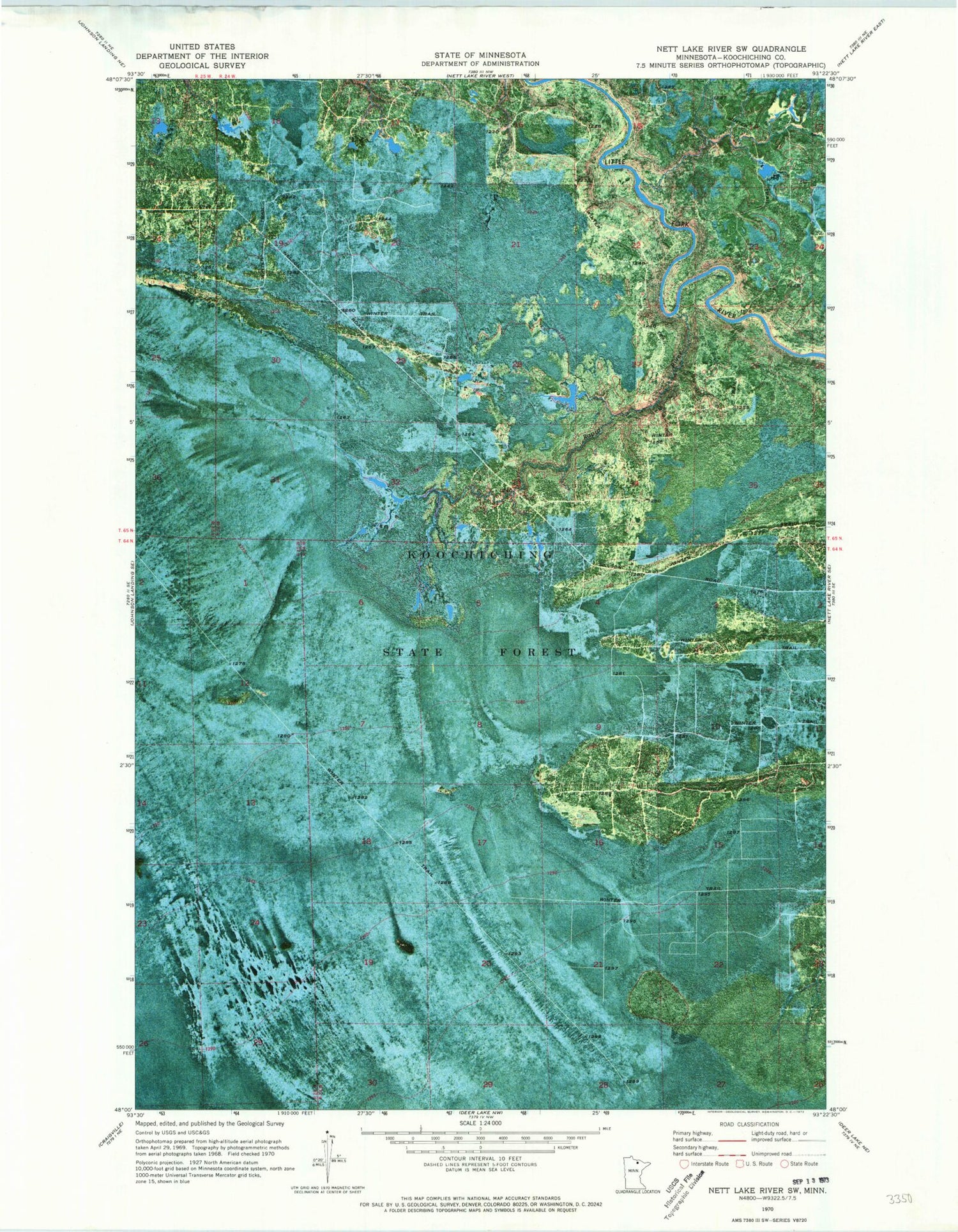 Classic USGS Nett Lake River SW Minnesota 7.5'x7.5' Topo Map Image
