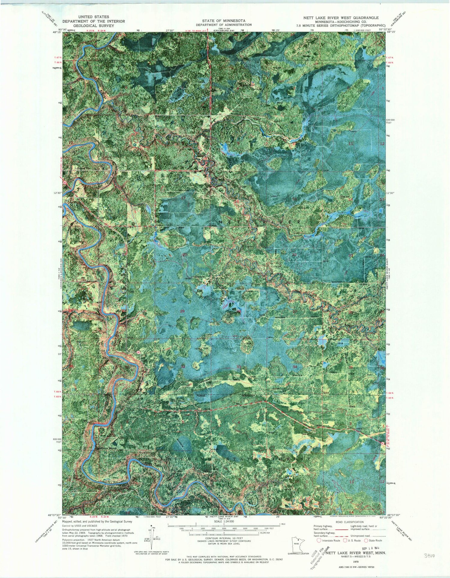 Classic USGS Nett Lake River West Minnesota 7.5'x7.5' Topo Map Image