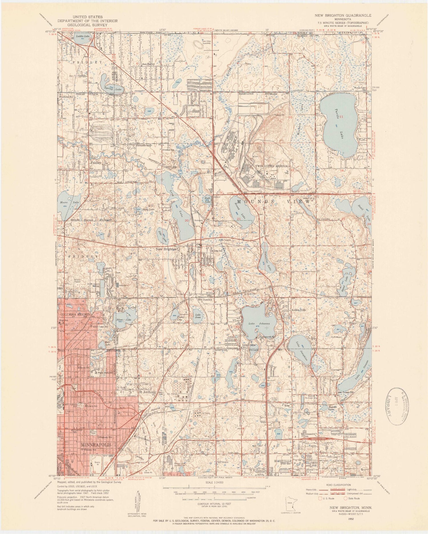 Classic USGS New Brighton Minnesota 7.5'x7.5' Topo Map Image