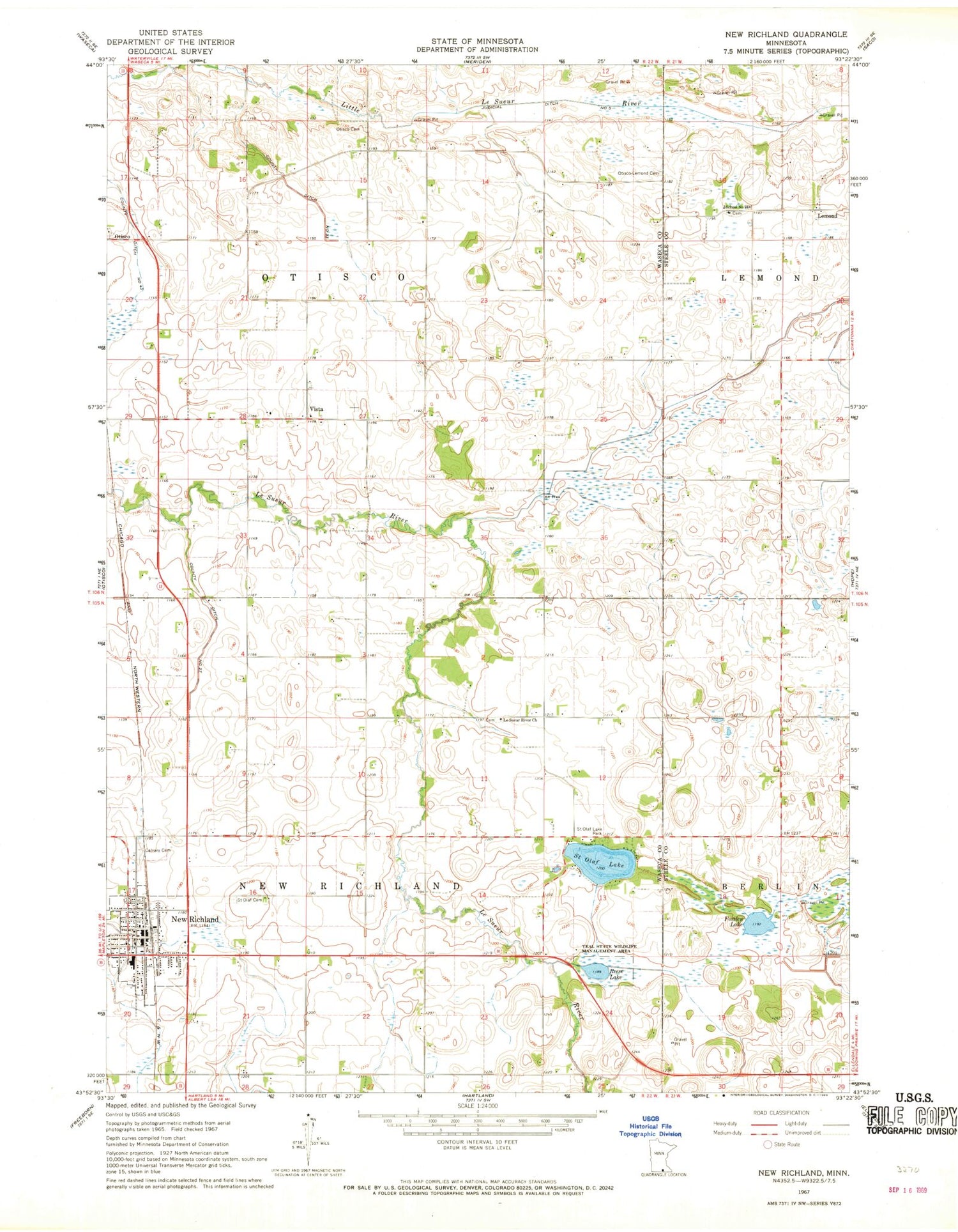 Classic USGS New Richland Minnesota 7.5'x7.5' Topo Map Image