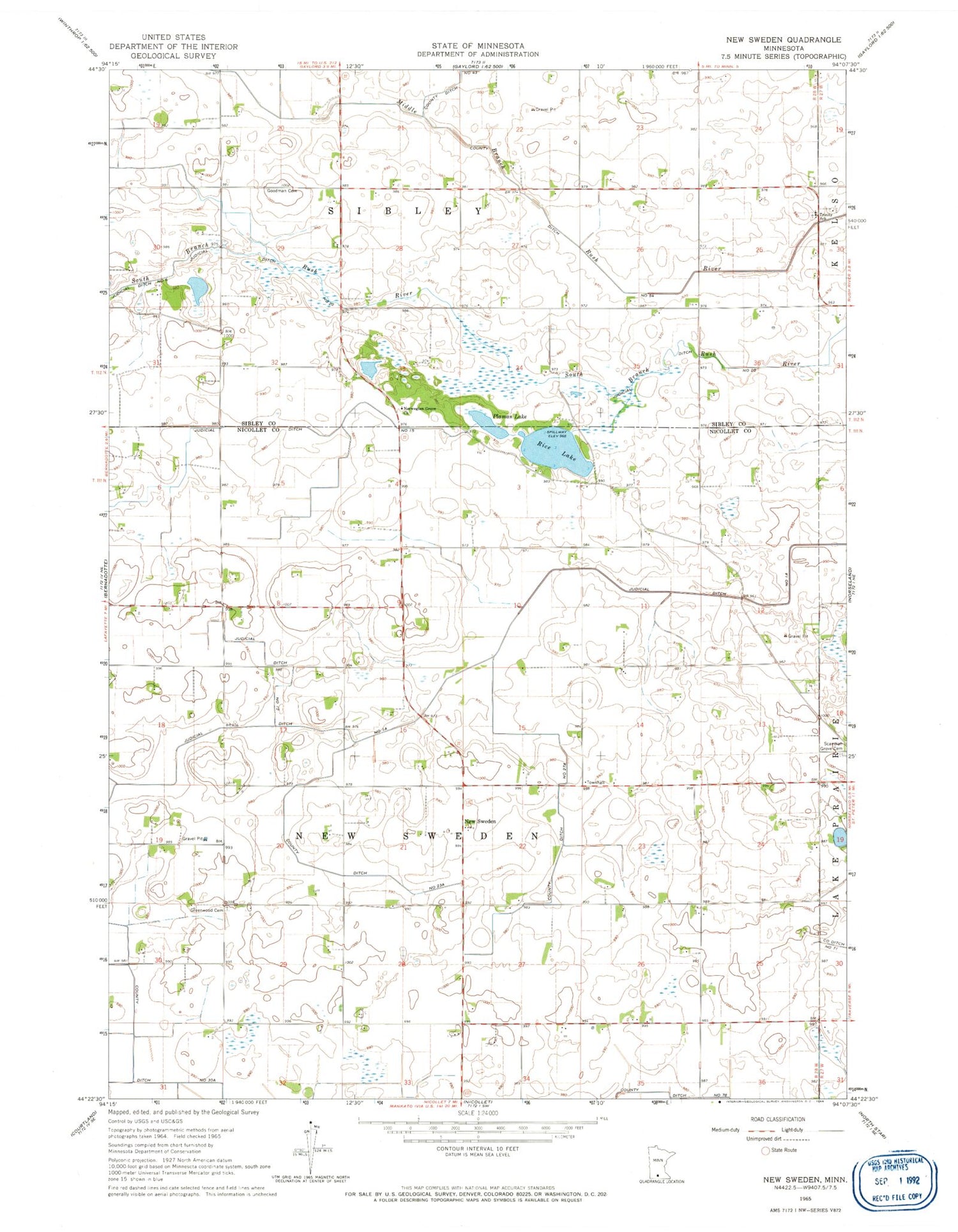 Classic USGS New Sweden Minnesota 7.5'x7.5' Topo Map Image