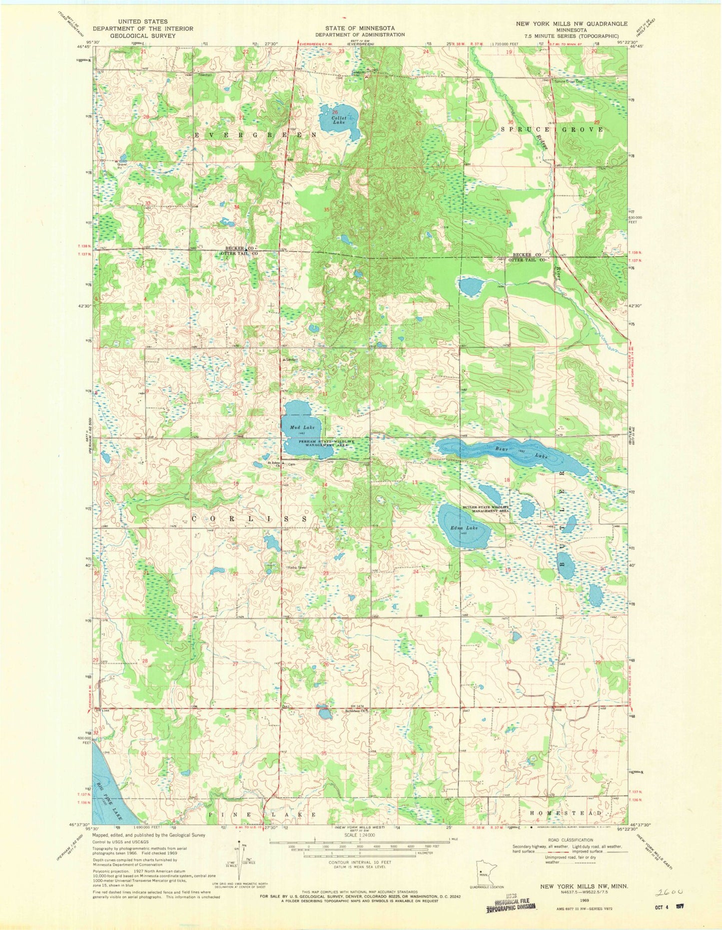Classic USGS New York Mills NW Minnesota 7.5'x7.5' Topo Map Image