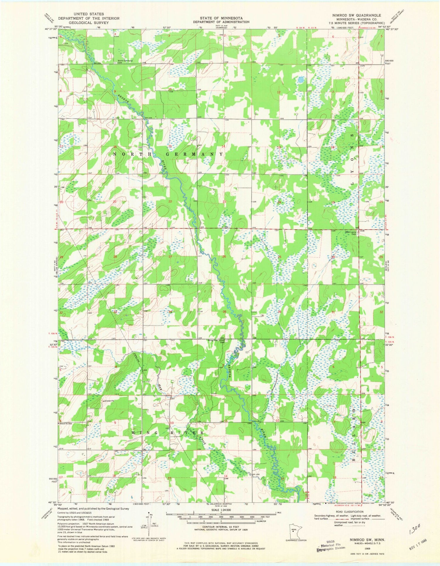 Classic USGS Nimrod SW Minnesota 7.5'x7.5' Topo Map Image