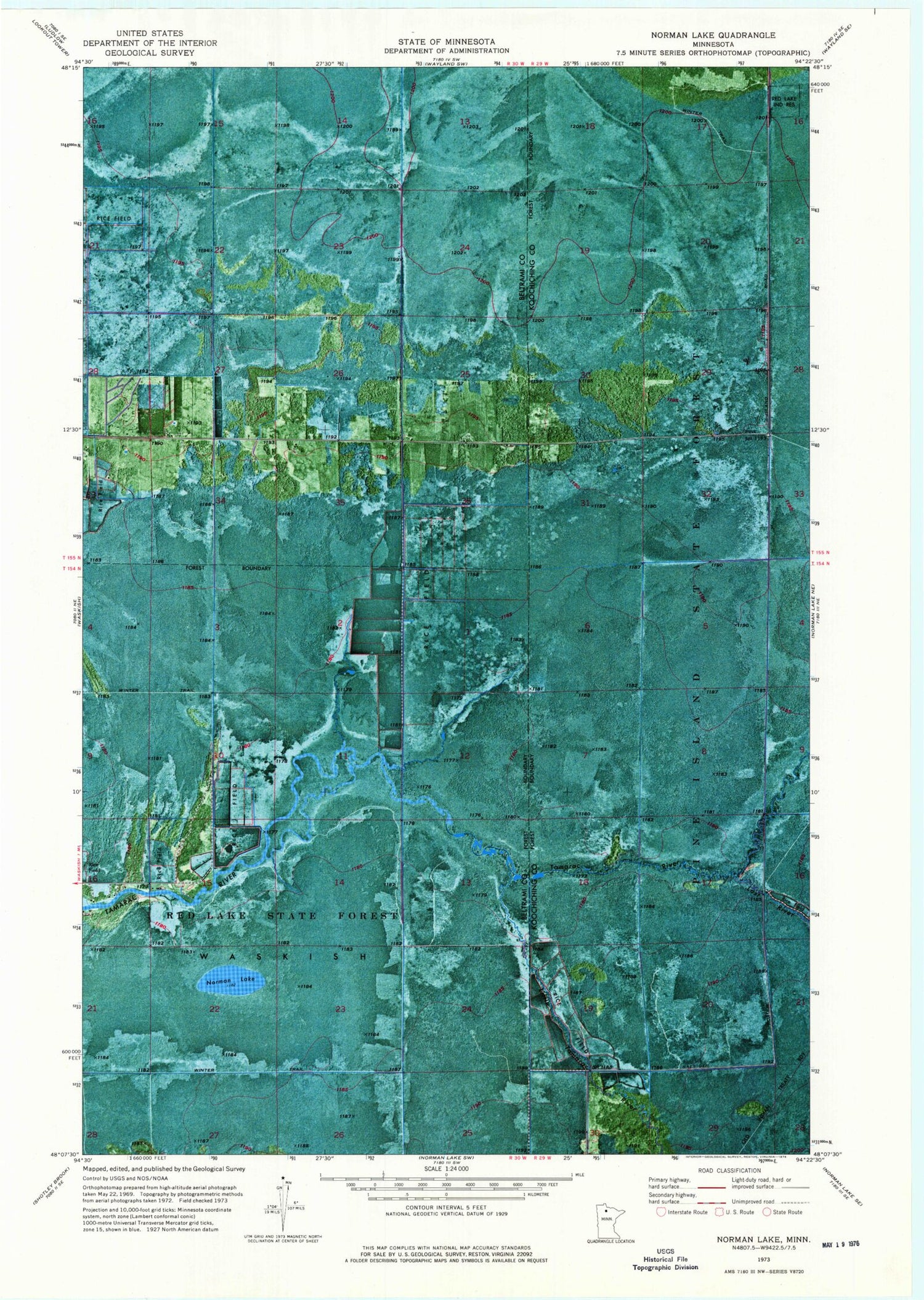 Classic USGS Norman Lake Minnesota 7.5'x7.5' Topo Map Image