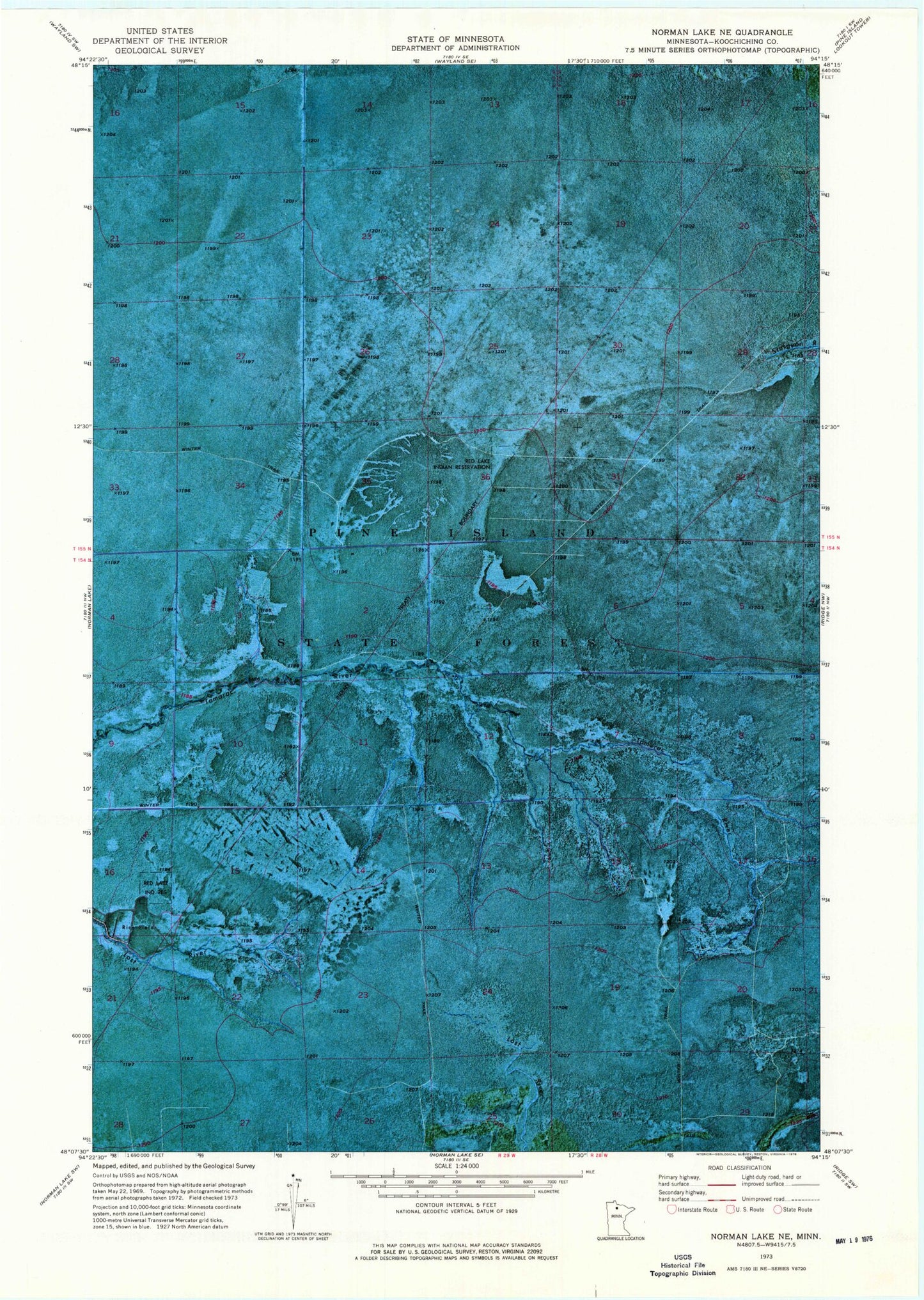Classic USGS Norman Lake NE Minnesota 7.5'x7.5' Topo Map Image