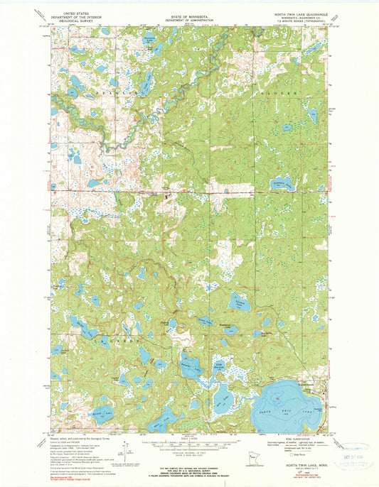 Classic USGS North Twin Lake Minnesota 7.5'x7.5' Topo Map Image