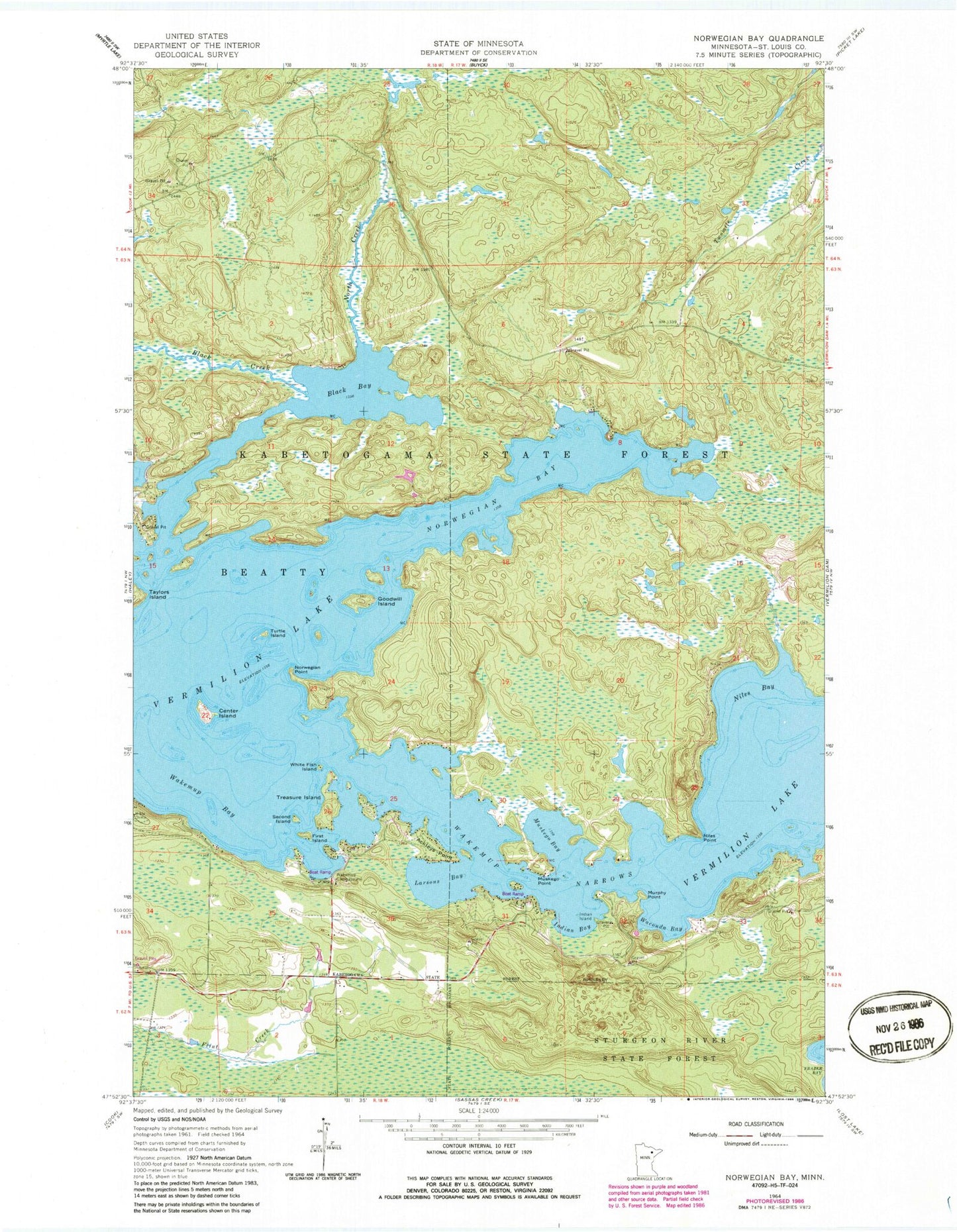 Classic USGS Norwegian Bay Minnesota 7.5'x7.5' Topo Map Image