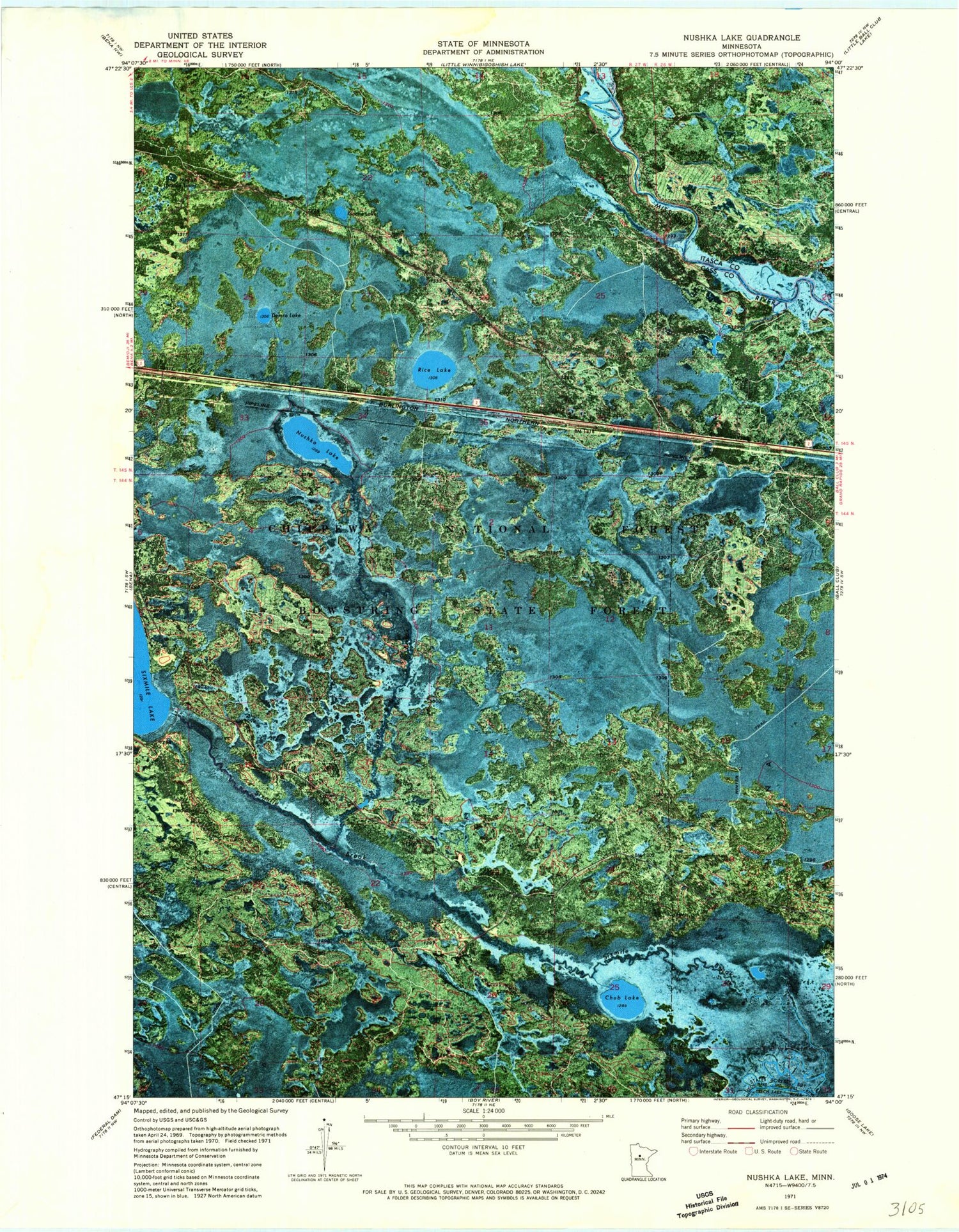 Classic USGS Nushka Lake Minnesota 7.5'x7.5' Topo Map Image