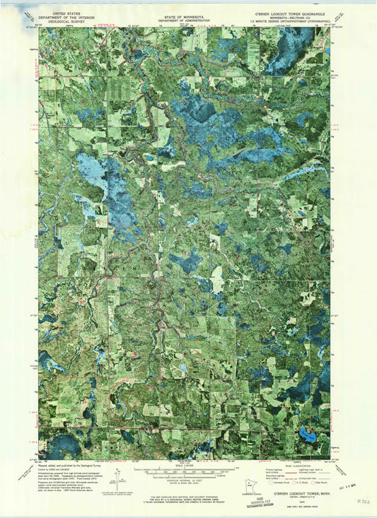 Classic USGS O'Brien Lookout Tower Minnesota 7.5'x7.5' Topo Map Image