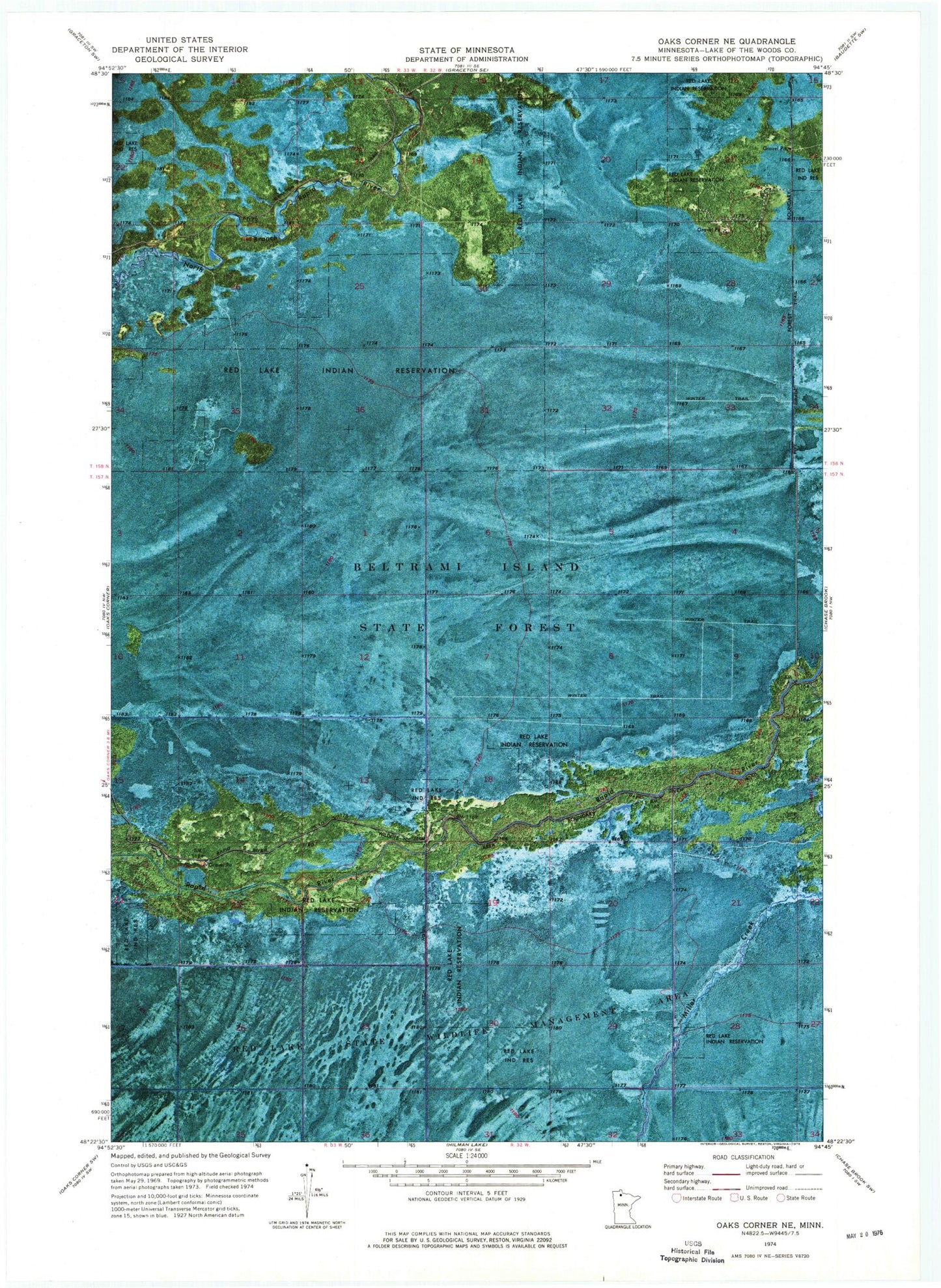 Classic USGS Oaks Corner NE Minnesota 7.5'x7.5' Topo Map Image