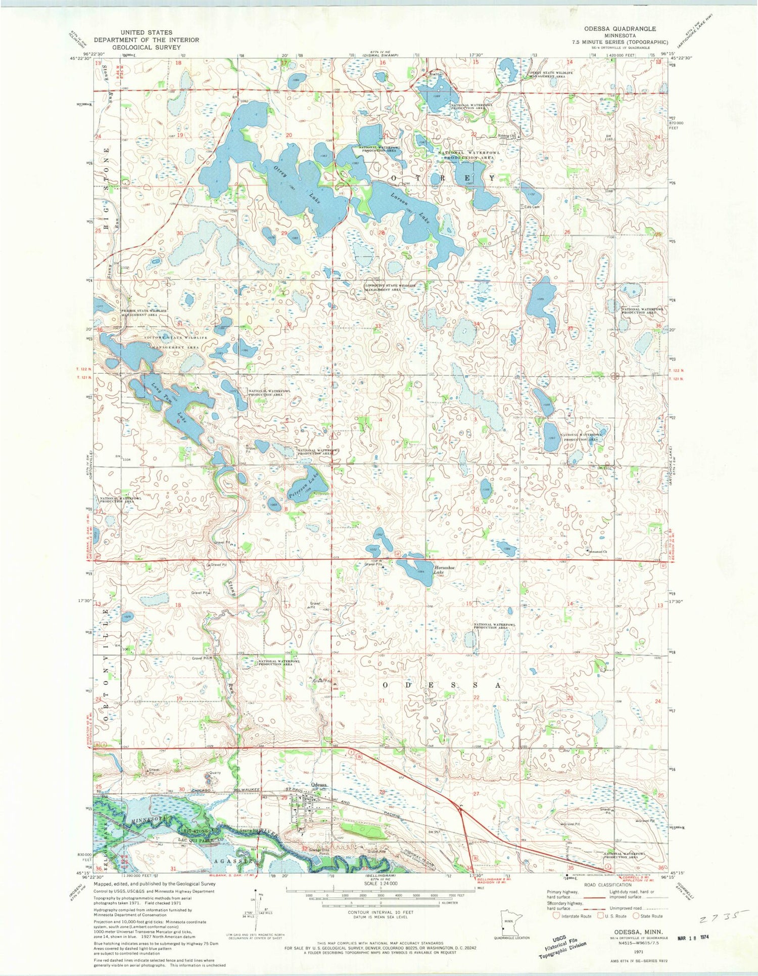 Classic USGS Odessa Minnesota 7.5'x7.5' Topo Map Image