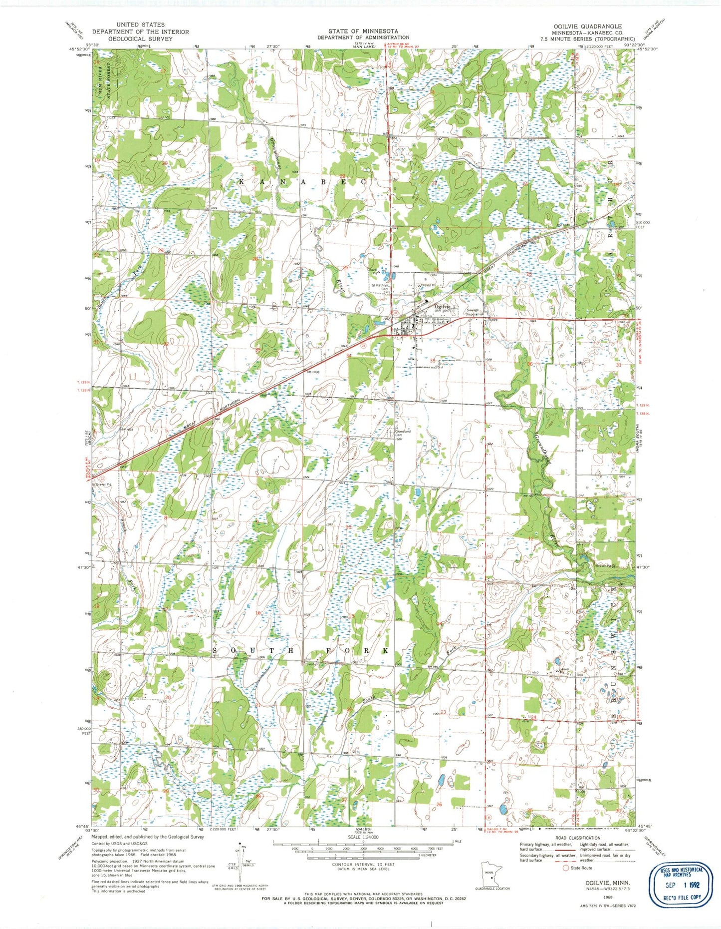 Classic USGS Ogilvie Minnesota 7.5'x7.5' Topo Map Image