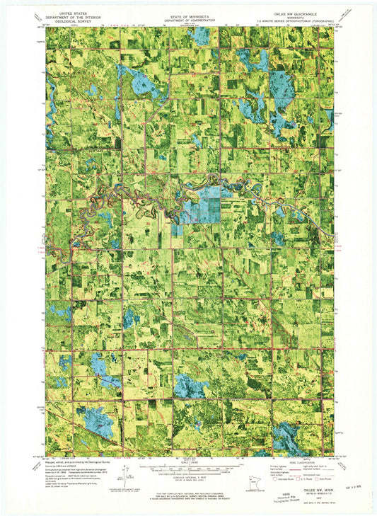 Classic USGS Oklee NW Minnesota 7.5'x7.5' Topo Map Image