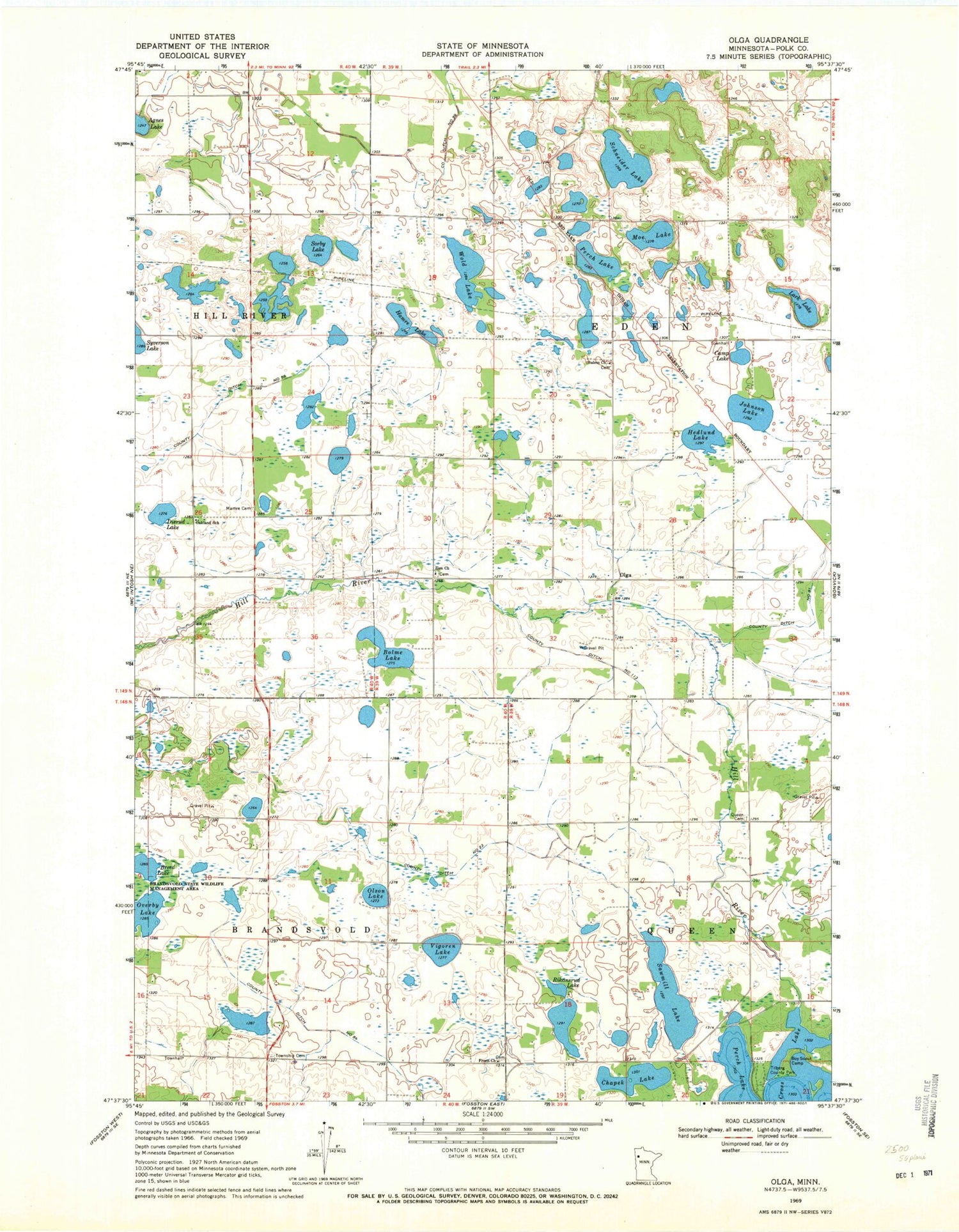 Classic USGS Olga Minnesota 7.5'x7.5' Topo Map Image