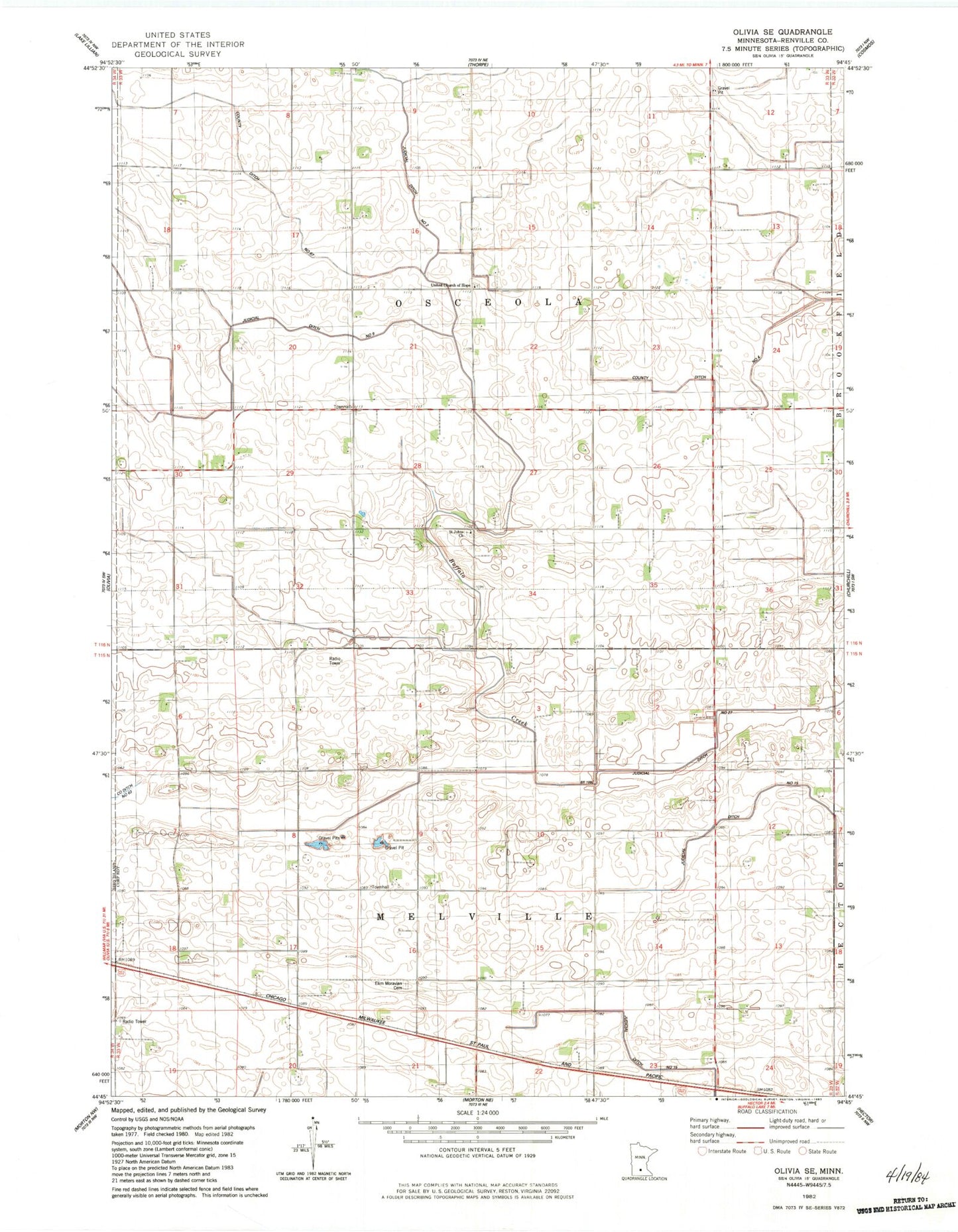 Classic USGS Olivia SE Minnesota 7.5'x7.5' Topo Map Image