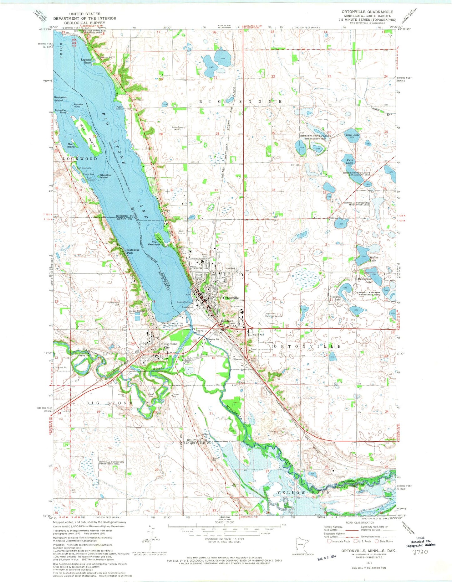 Classic USGS Ortonville Minnesota 7.5'x7.5' Topo Map Image