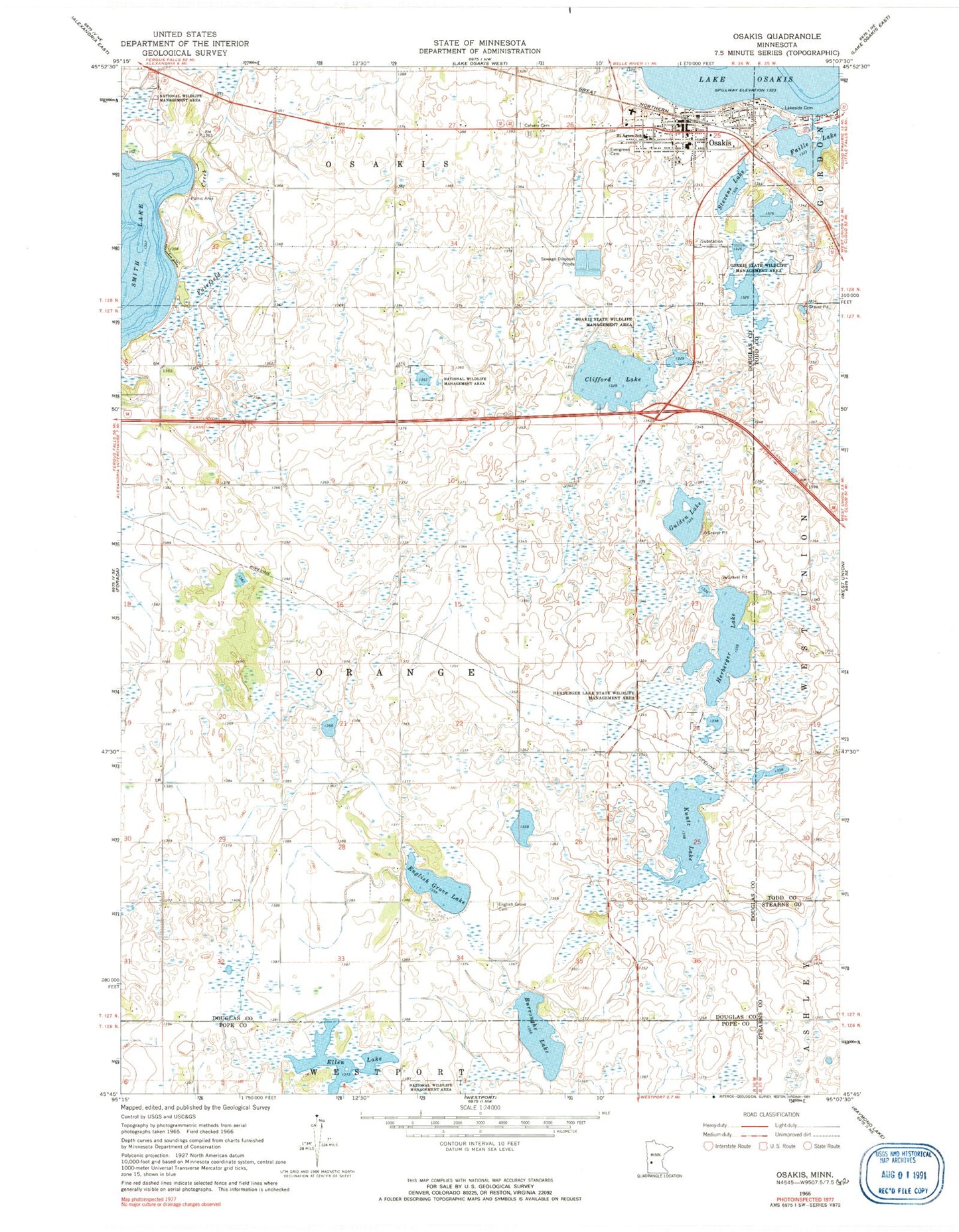 Classic USGS Osakis Minnesota 7.5'x7.5' Topo Map Image