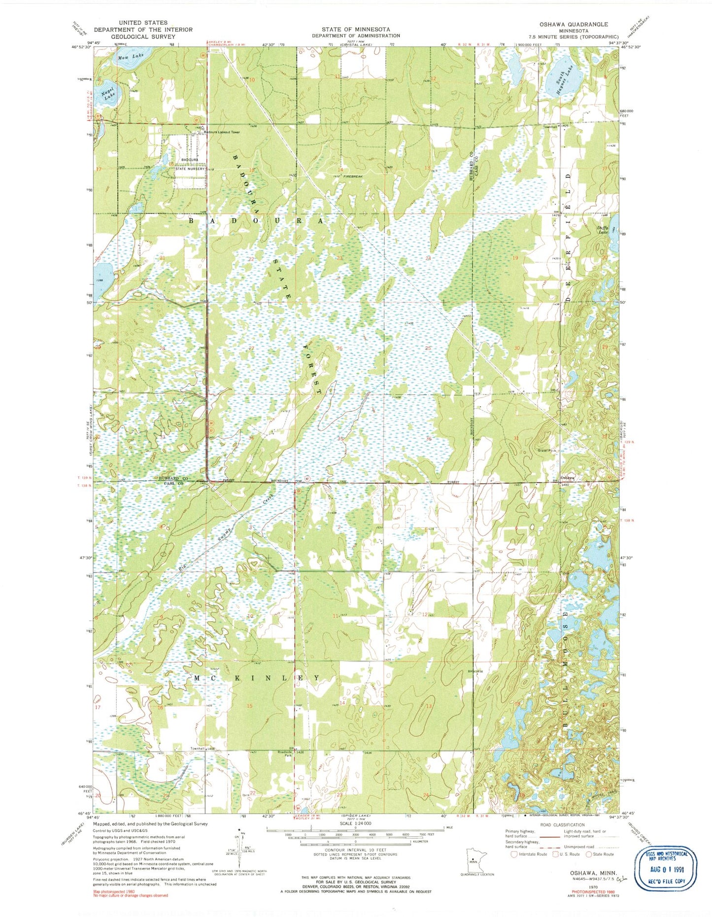 Classic USGS Oshawa Minnesota 7.5'x7.5' Topo Map Image