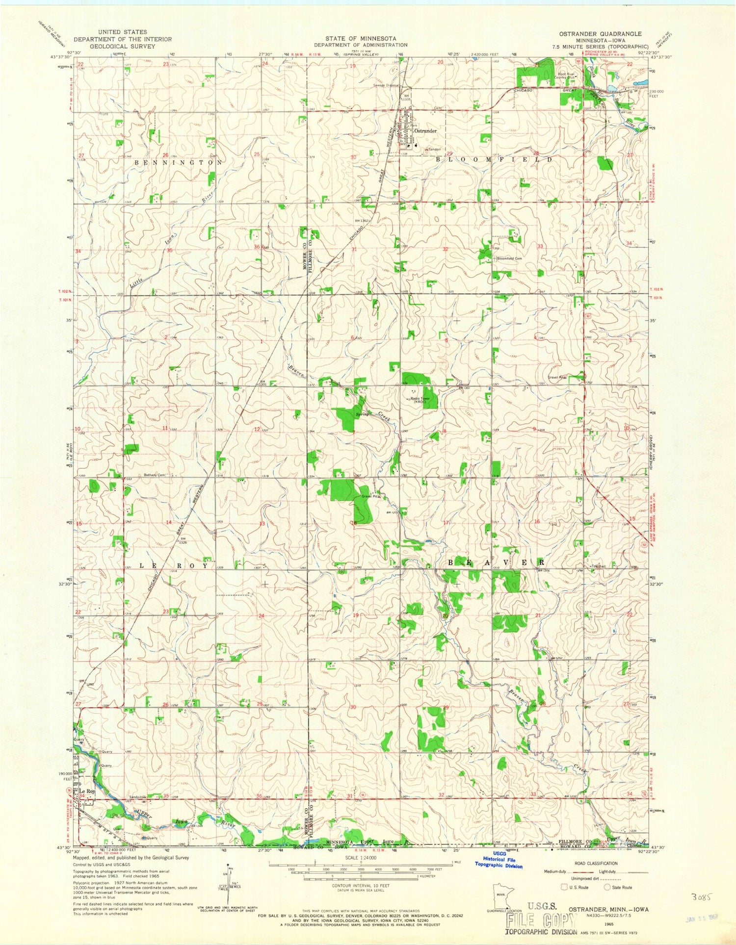 Classic USGS Ostrander Minnesota 7.5'x7.5' Topo Map Image