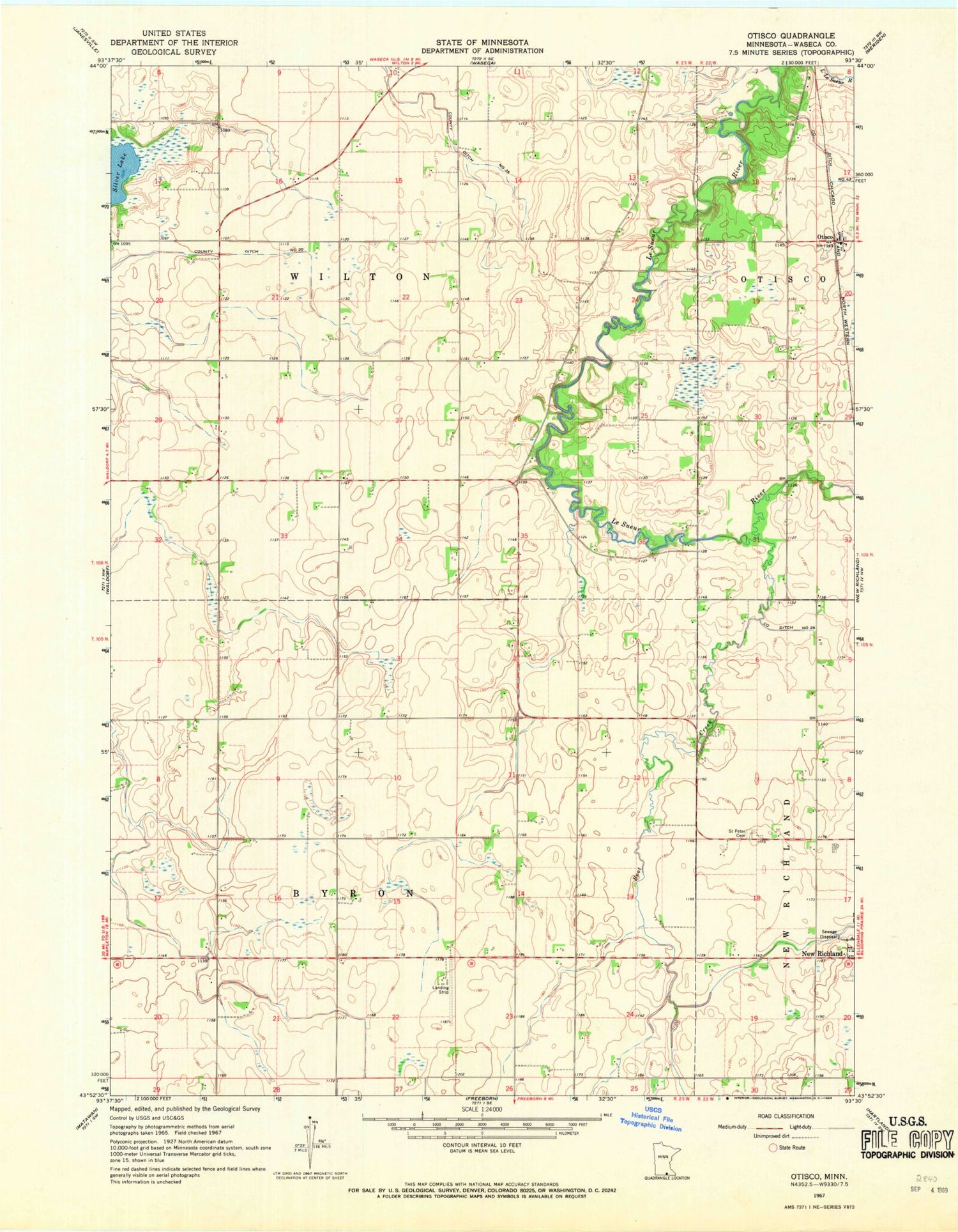 Classic USGS Otisco Minnesota 7.5'x7.5' Topo Map Image