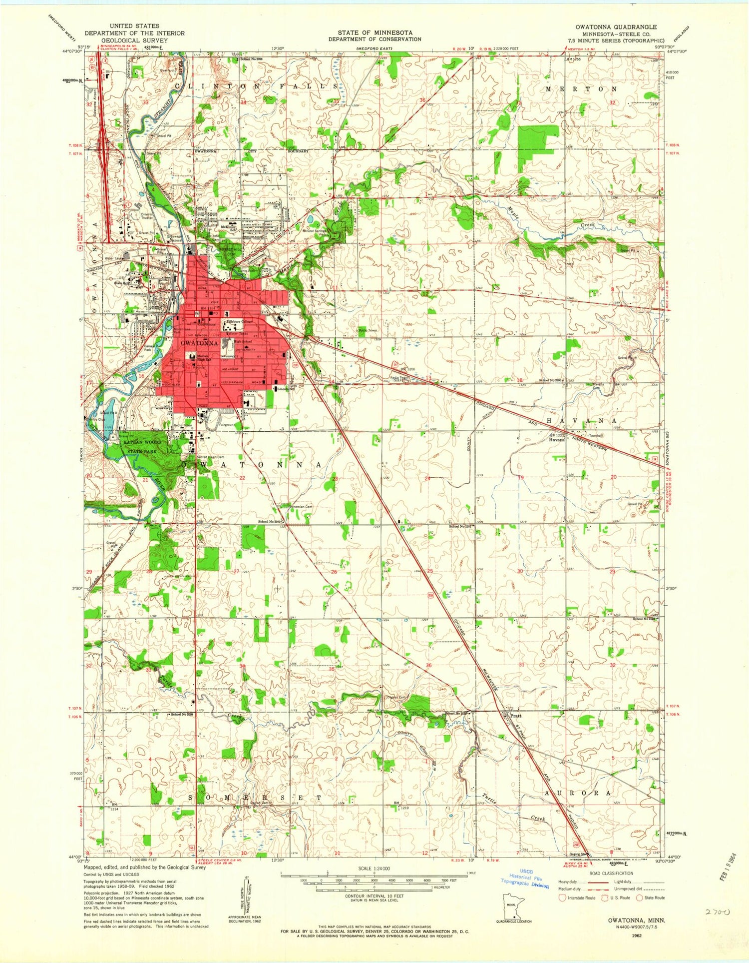 Classic USGS Owatonna Minnesota 7.5'x7.5' Topo Map Image