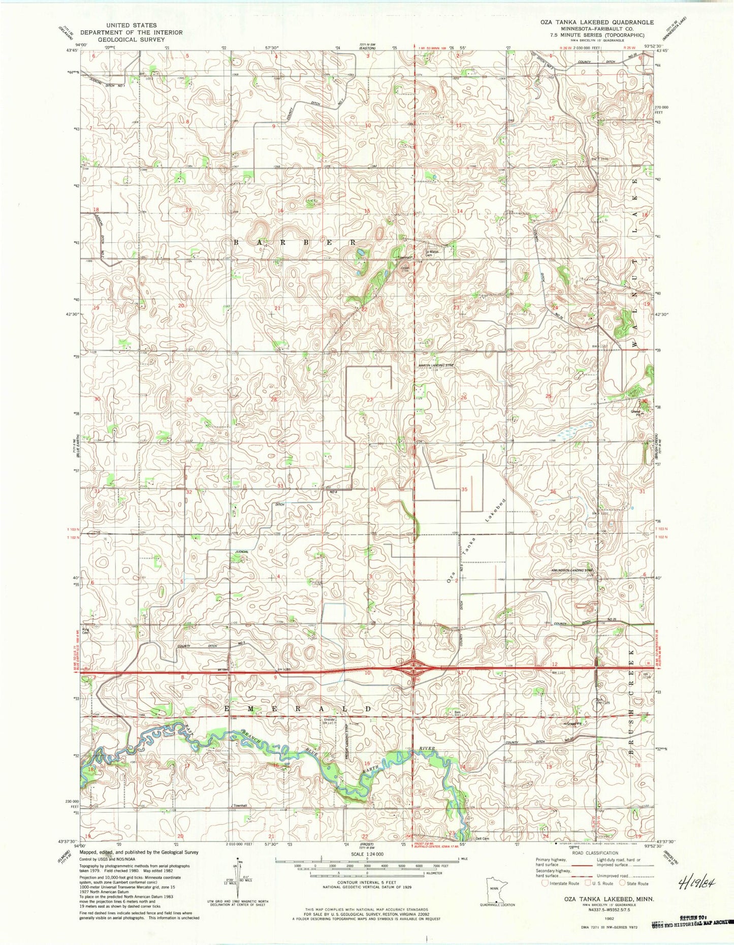 Classic USGS Oza Tanka Lakebed Minnesota 7.5'x7.5' Topo Map Image