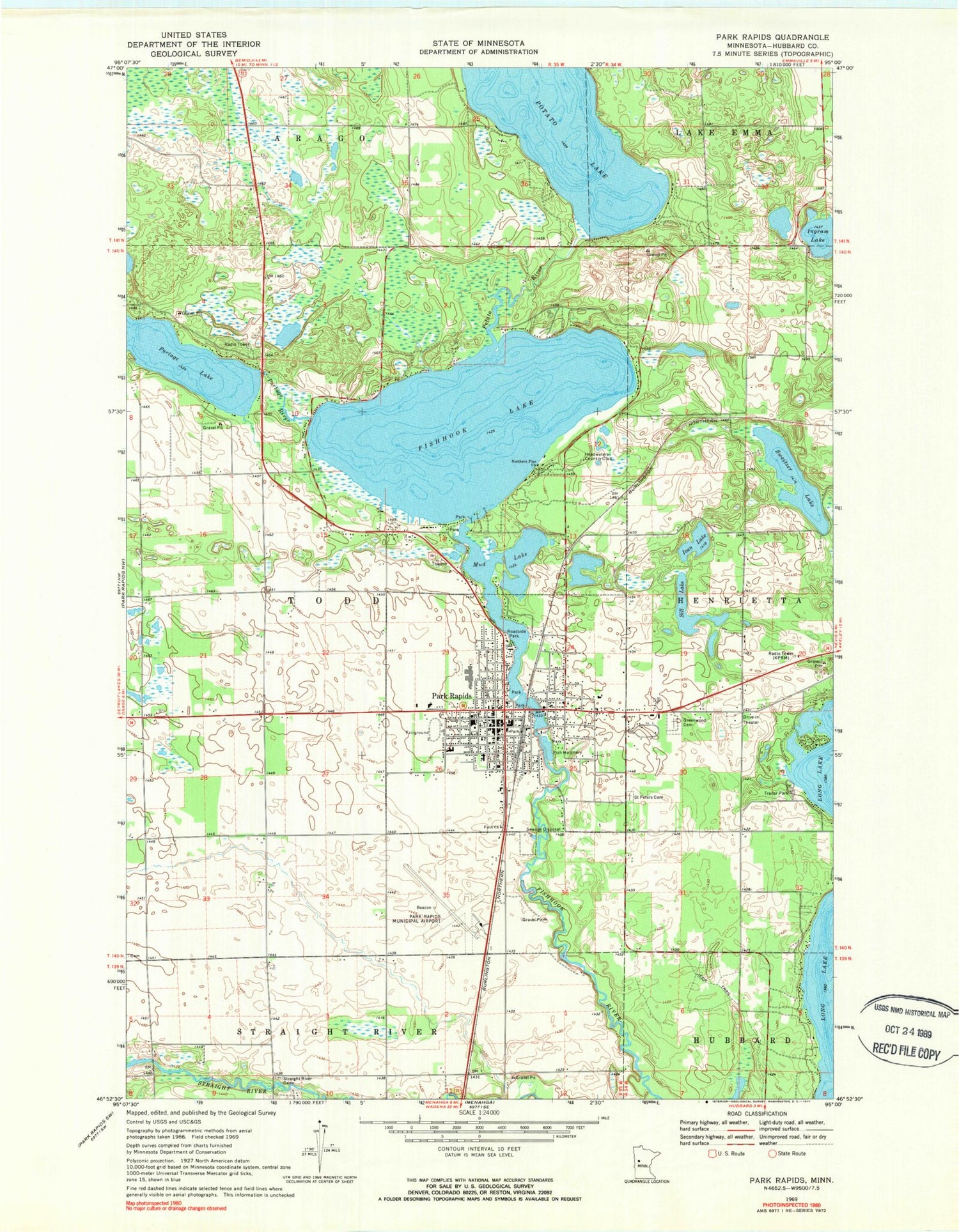 Classic USGS Park Rapids Minnesota 7.5'x7.5' Topo Map Image