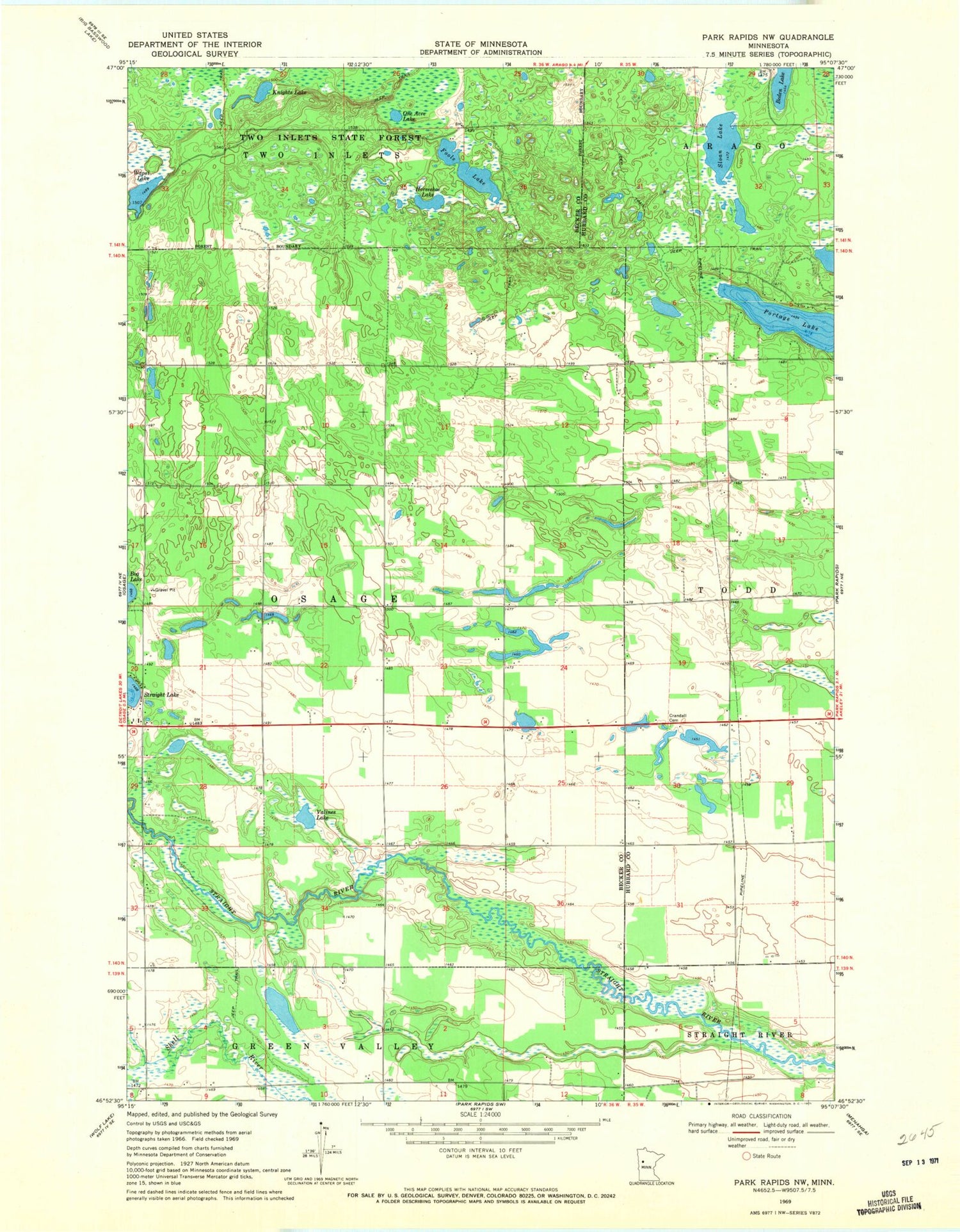 Classic USGS Park Rapids NW Minnesota 7.5'x7.5' Topo Map Image