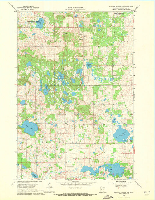 Classic USGS Parkers Prairie NW Minnesota 7.5'x7.5' Topo Map Image