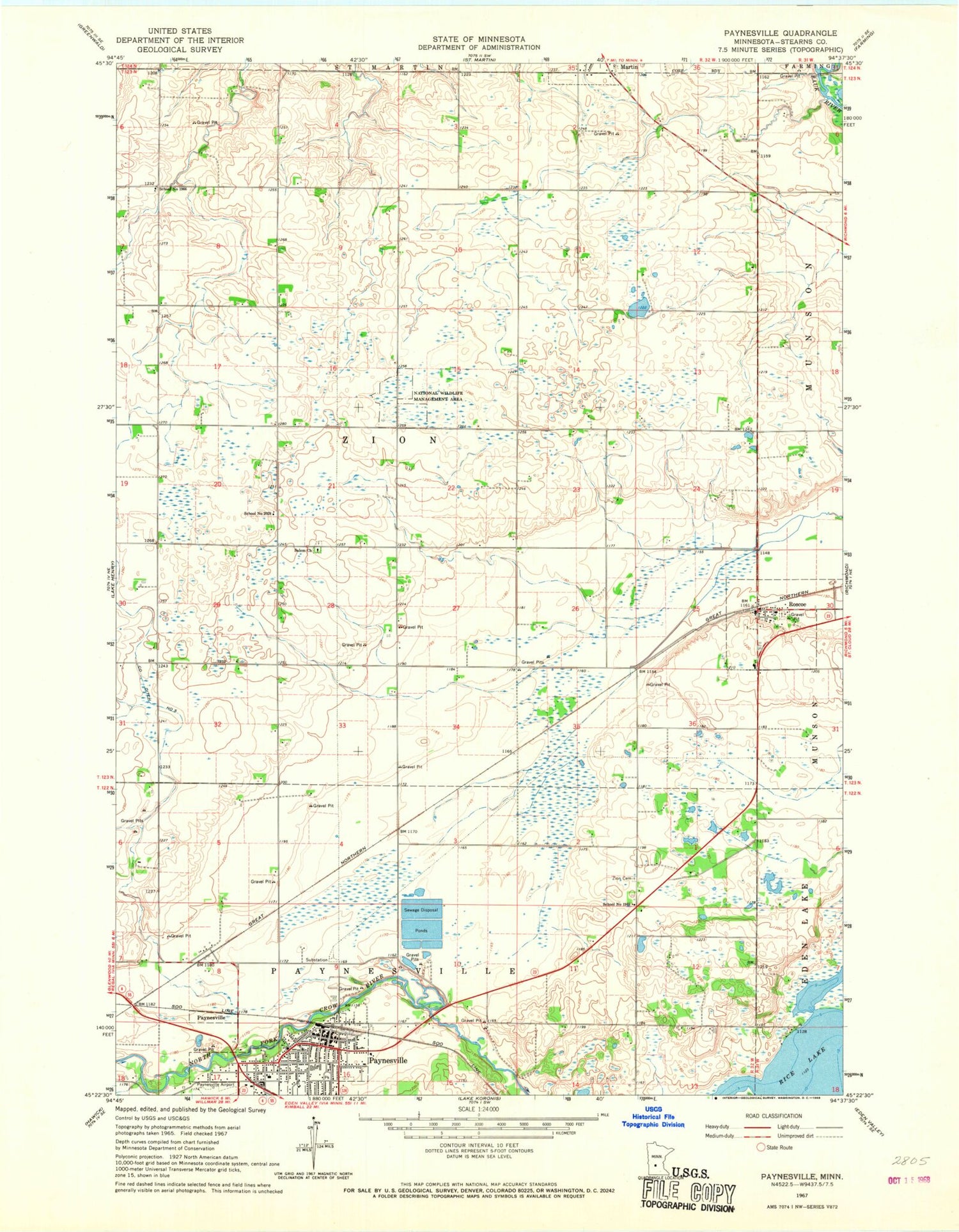Classic USGS Paynesville Minnesota 7.5'x7.5' Topo Map Image
