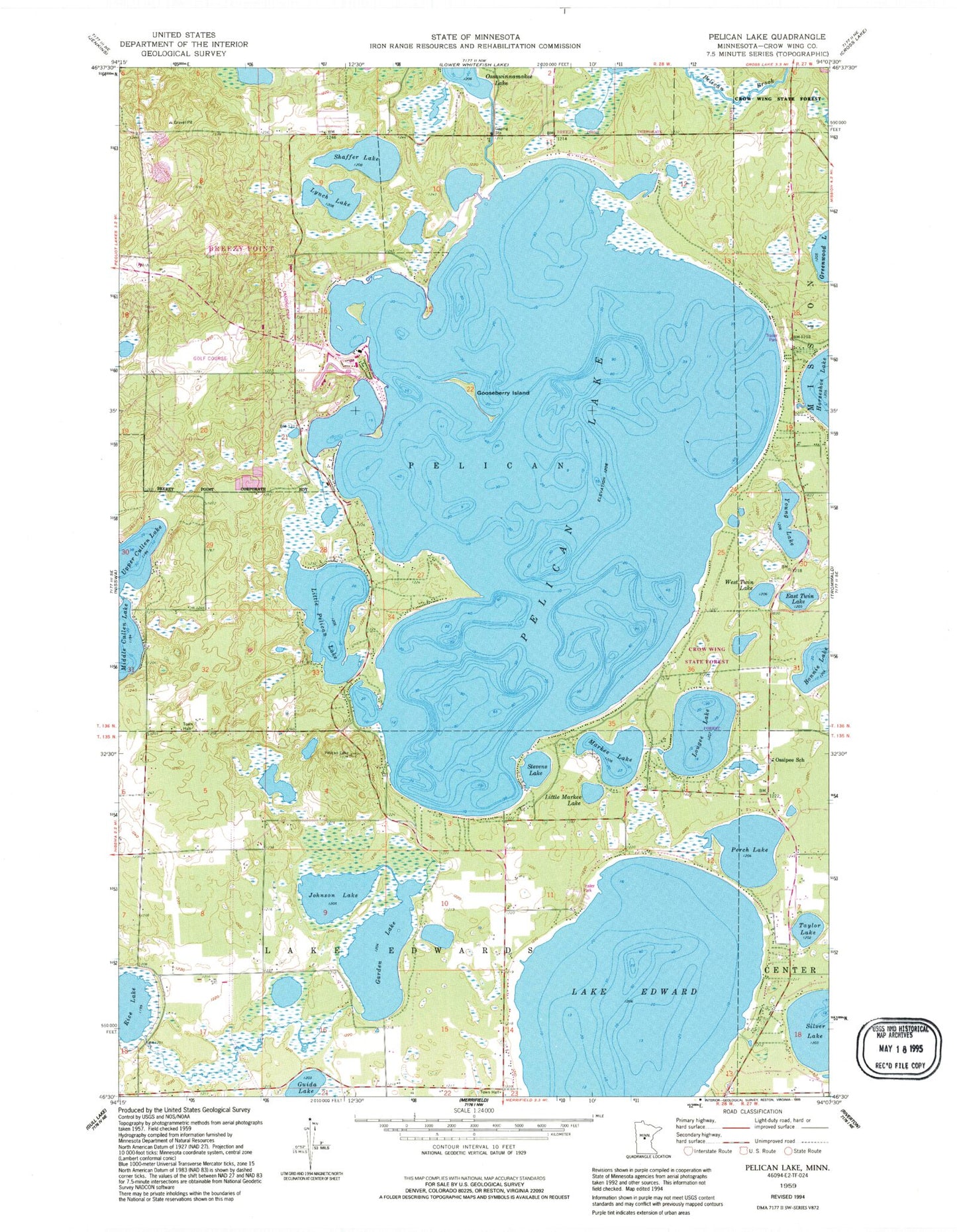 Classic USGS Pelican Lake Minnesota 7.5'x7.5' Topo Map Image