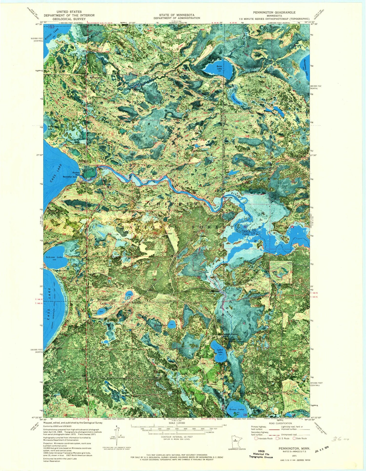 Classic USGS Pennington Minnesota 7.5'x7.5' Topo Map Image