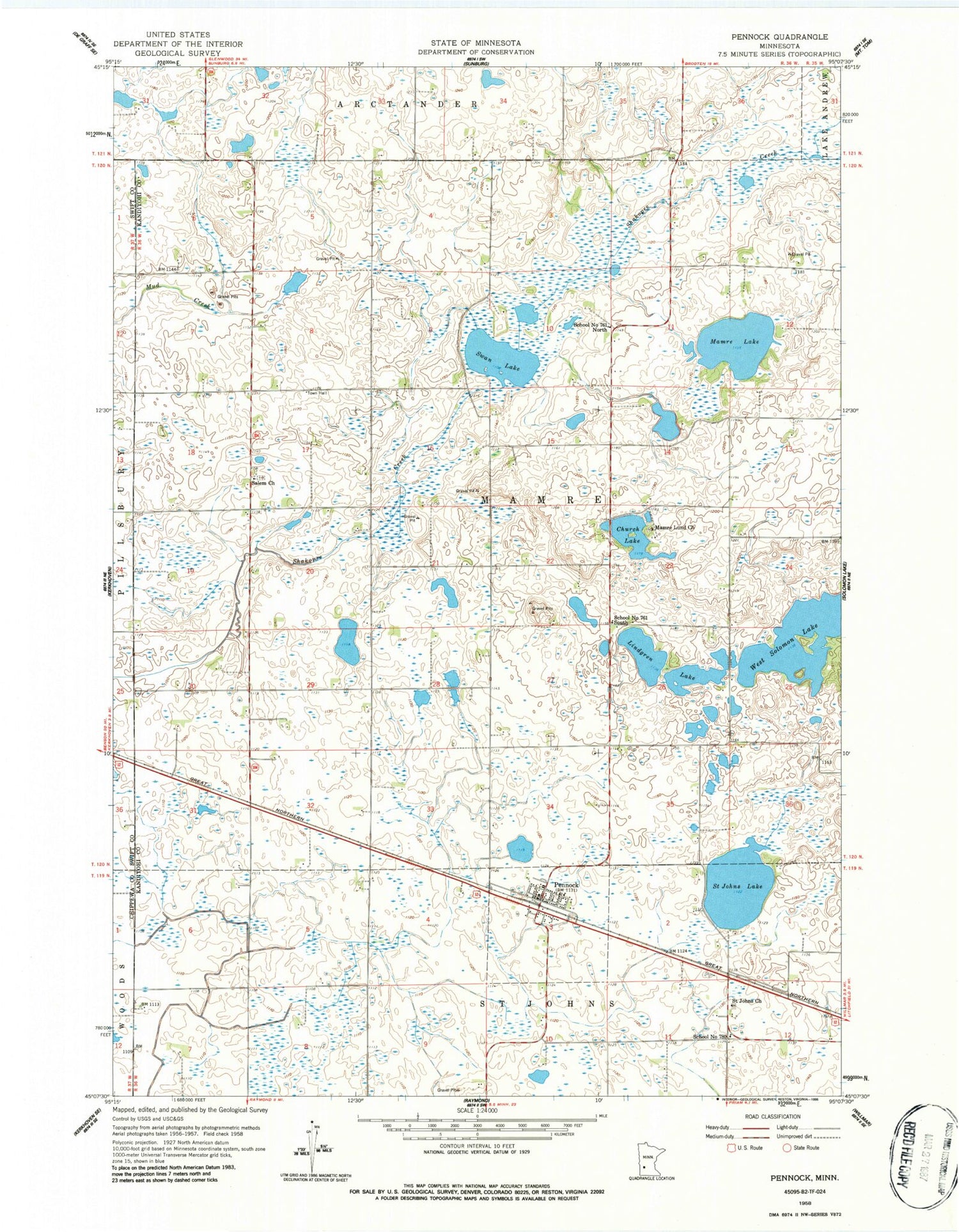 Classic USGS Pennock Minnesota 7.5'x7.5' Topo Map Image