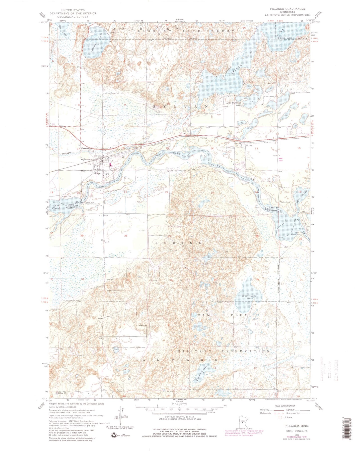 Classic USGS Pillager Minnesota 7.5'x7.5' Topo Map Image