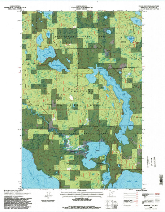 Classic USGS Pimushe Lake Minnesota 7.5'x7.5' Topo Map Image