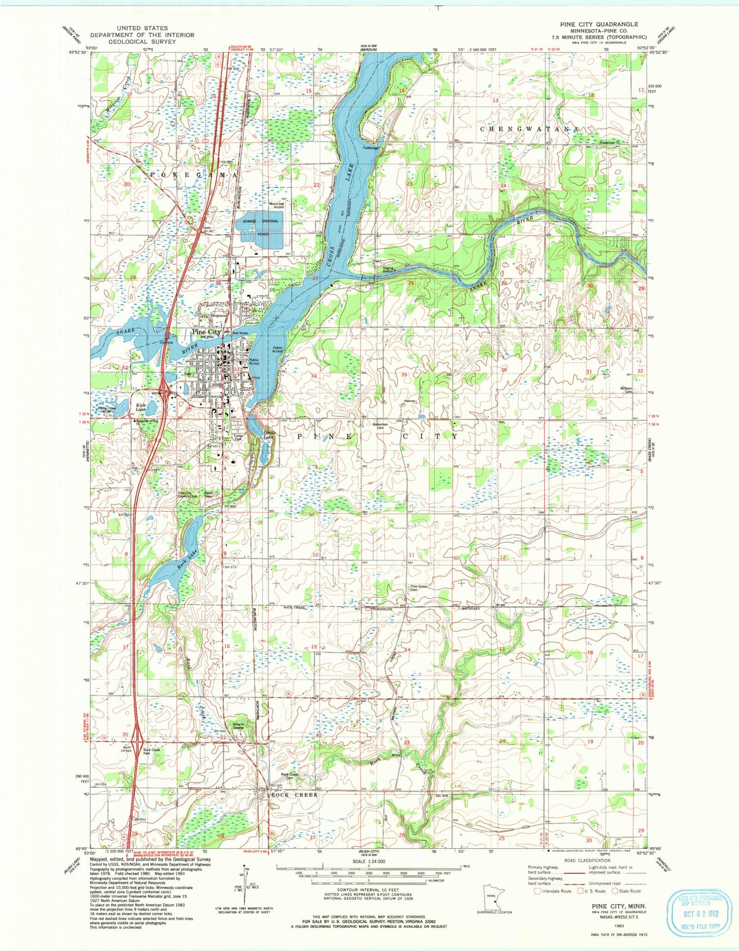 Classic USGS Pine City Minnesota 7.5'x7.5' Topo Map Image