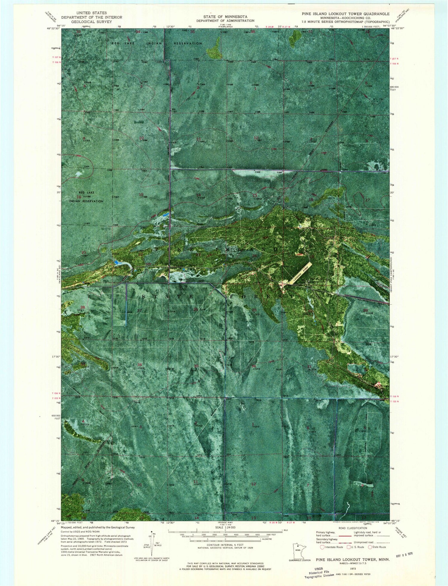 Classic USGS Pine Island Lookout Tower Minnesota 7.5'x7.5' Topo Map Image