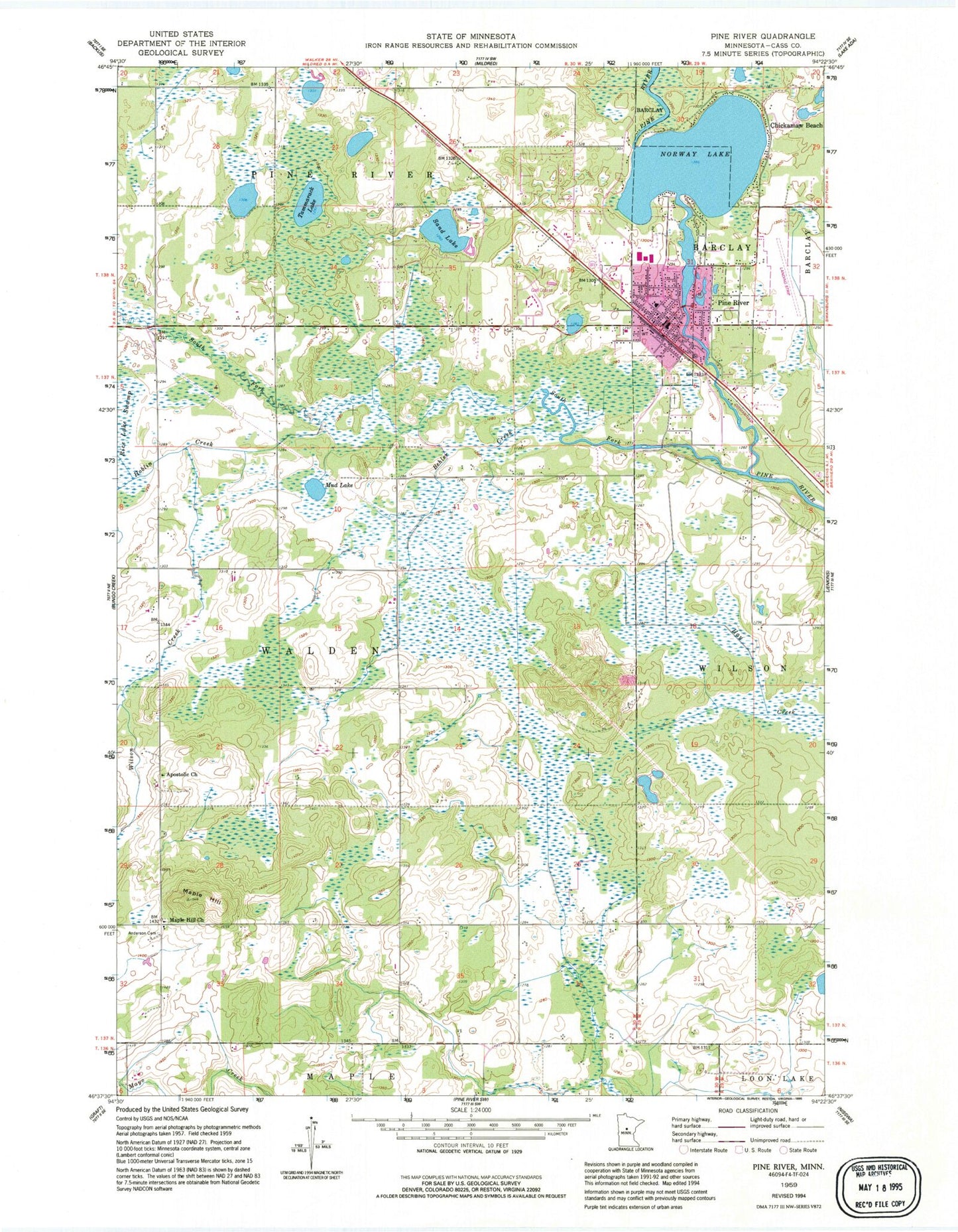Classic USGS Pine River Minnesota 7.5'x7.5' Topo Map Image