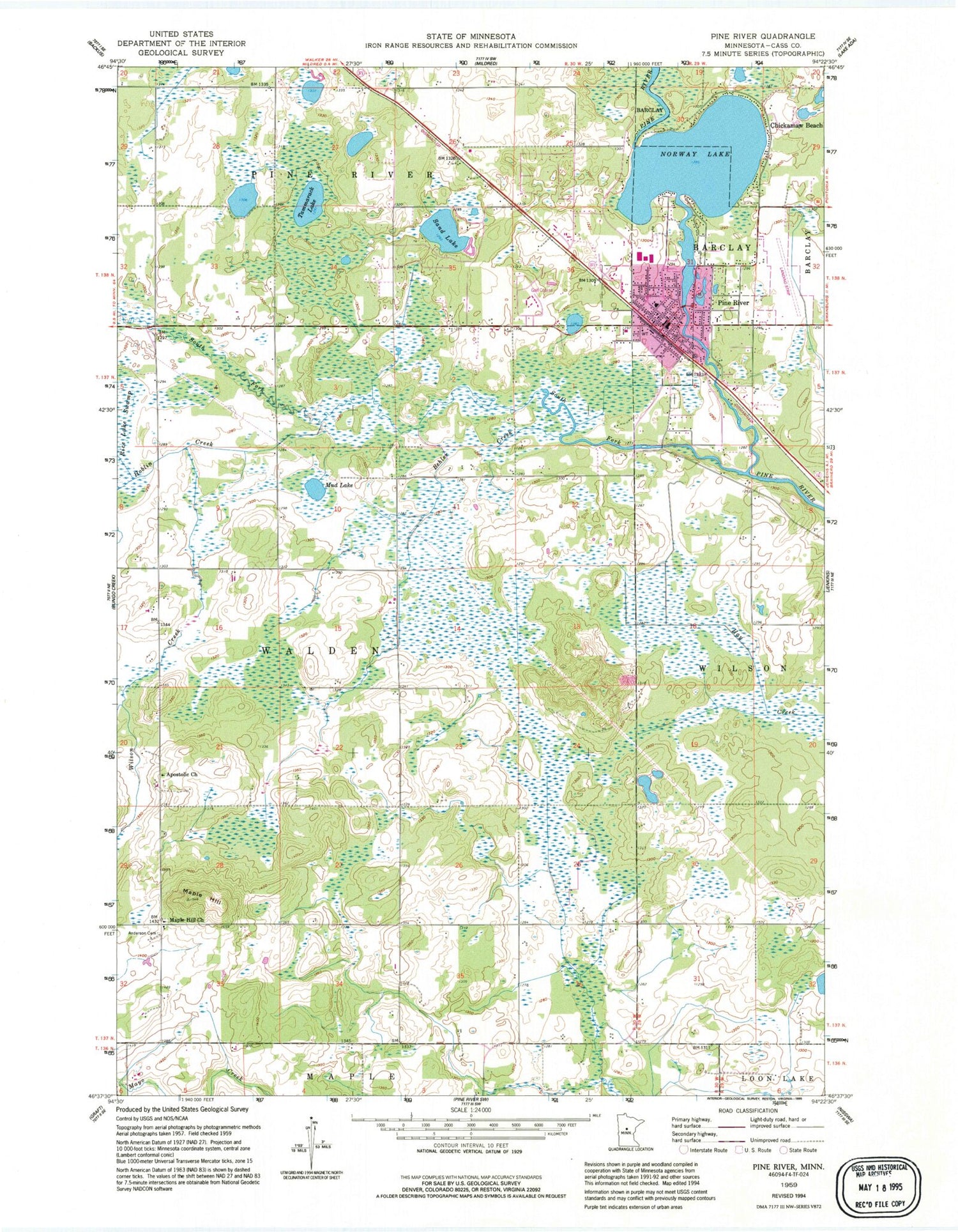 Classic USGS Pine River Minnesota 7.5'x7.5' Topo Map Image
